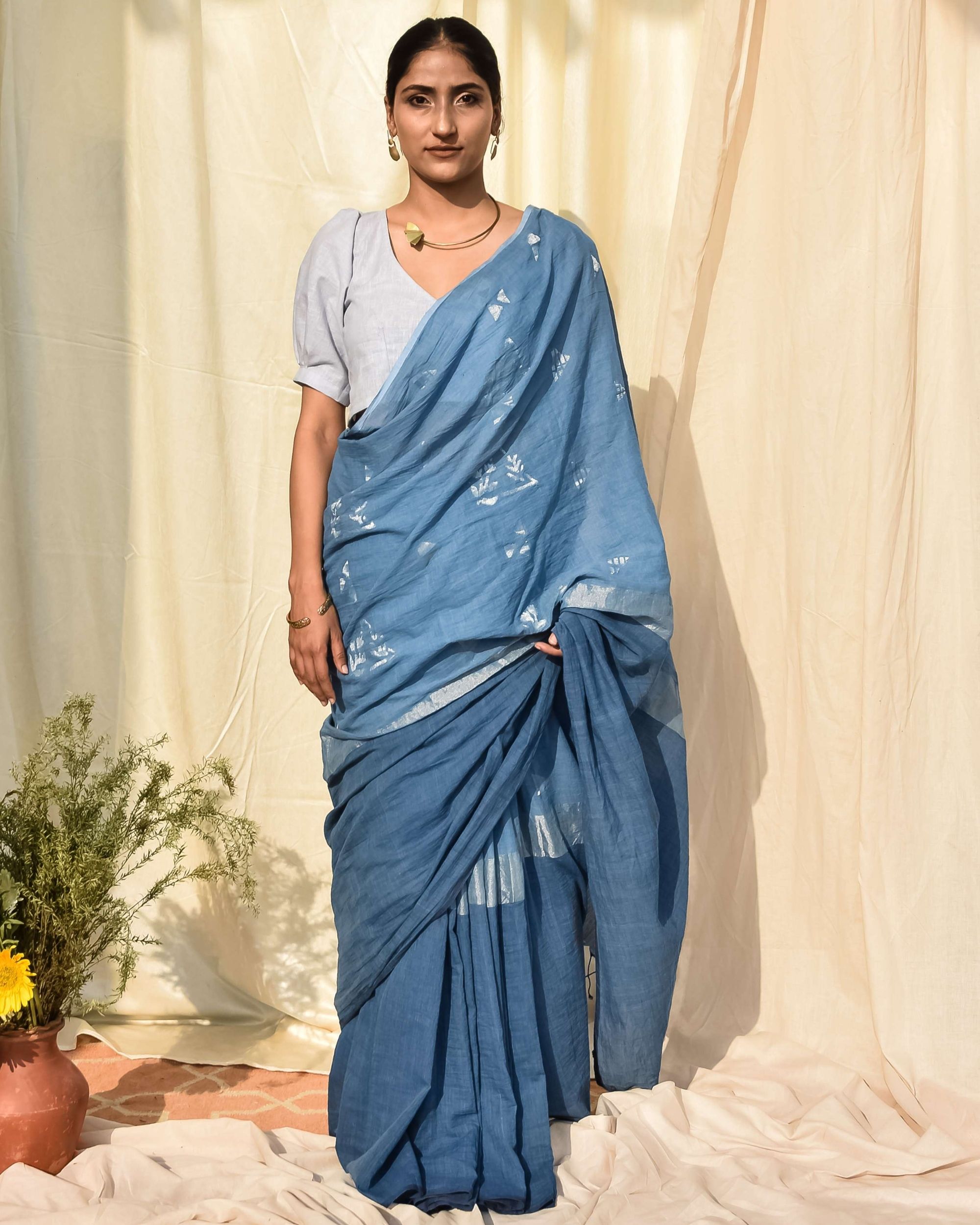 Blue dyed jamdani sari