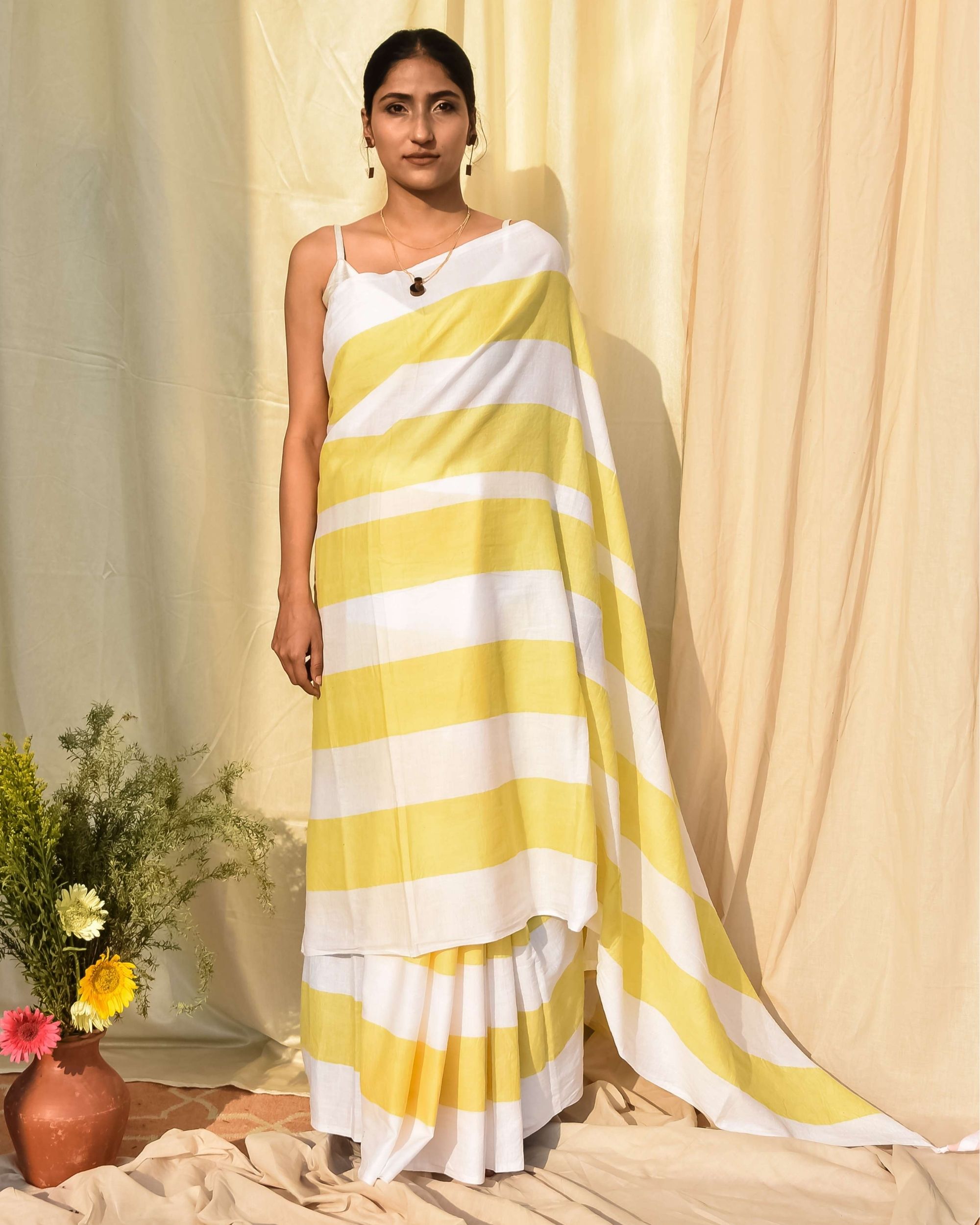 Yellow and white striped hand painted sari