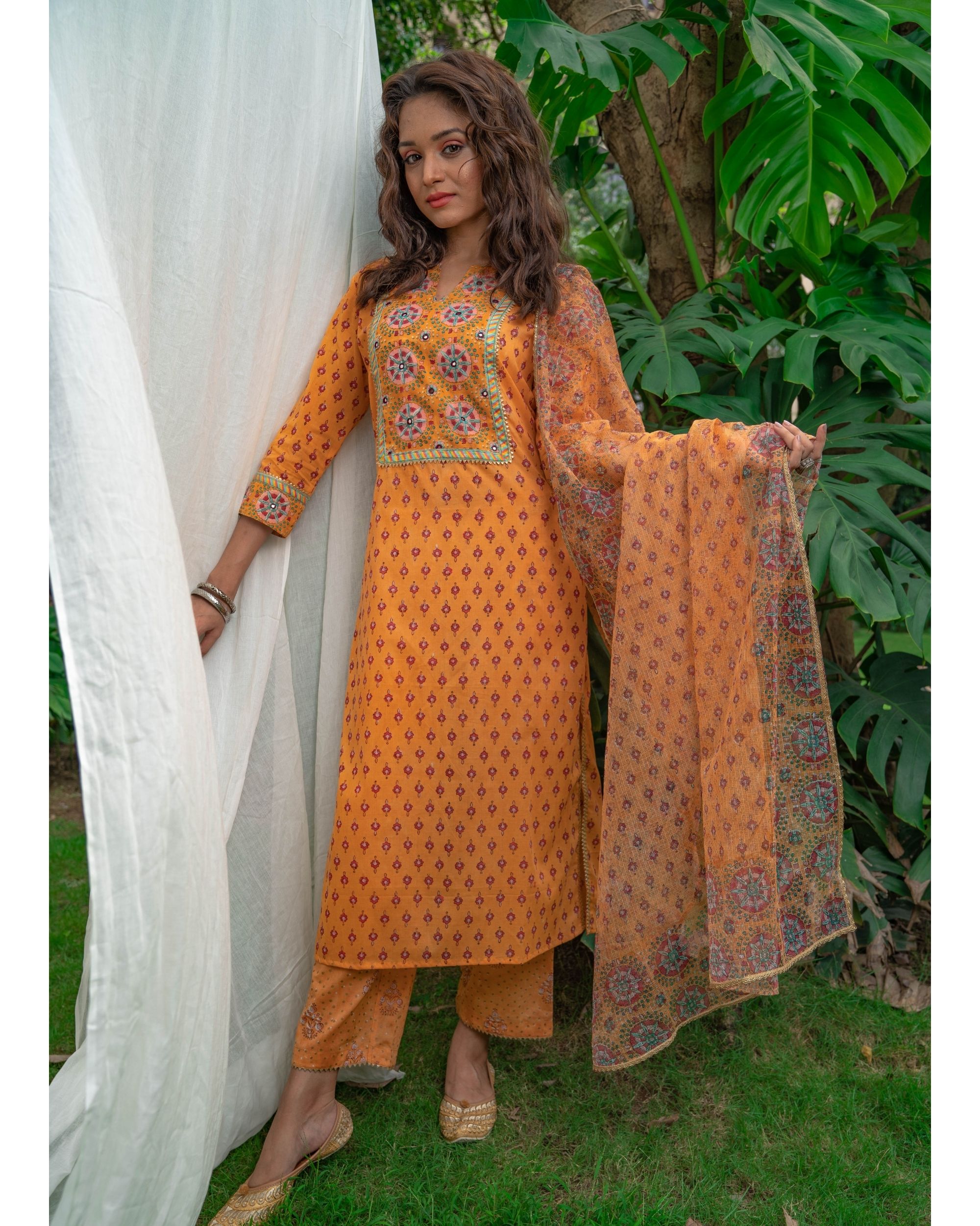 Mustard block printed embroidered suit set with dupatta set of three