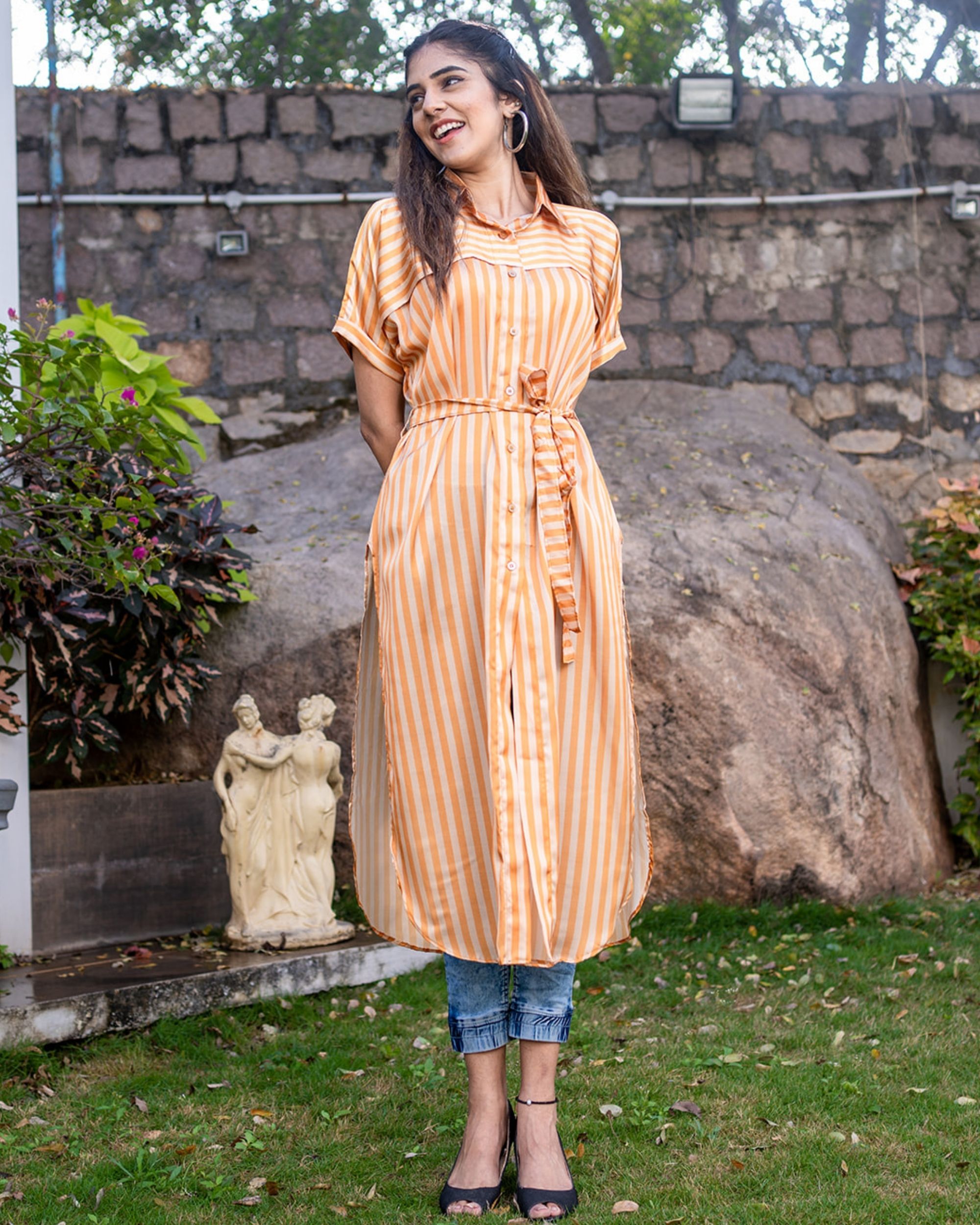 Yellow striped printed tunic dress by The Weave Story