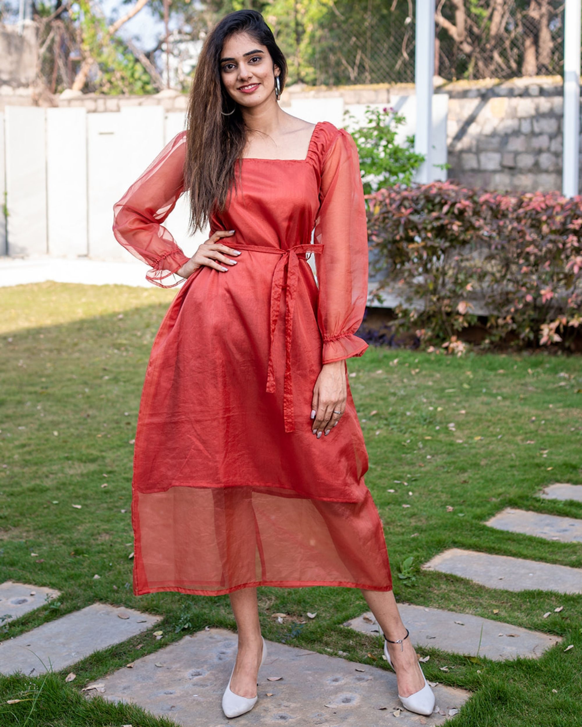 Raspberry red organza dress with tie up ...