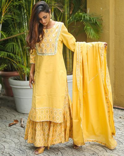 Custard yellow suit set - set of three by Shreetatvam | The Secret Label