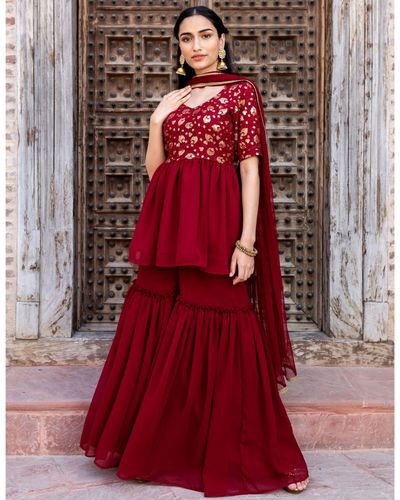 Georgette Cut Sleeves Red Mirror Work Sharara Set, Dry clean, Size: Large  at Rs 1795/set in Ahmedabad