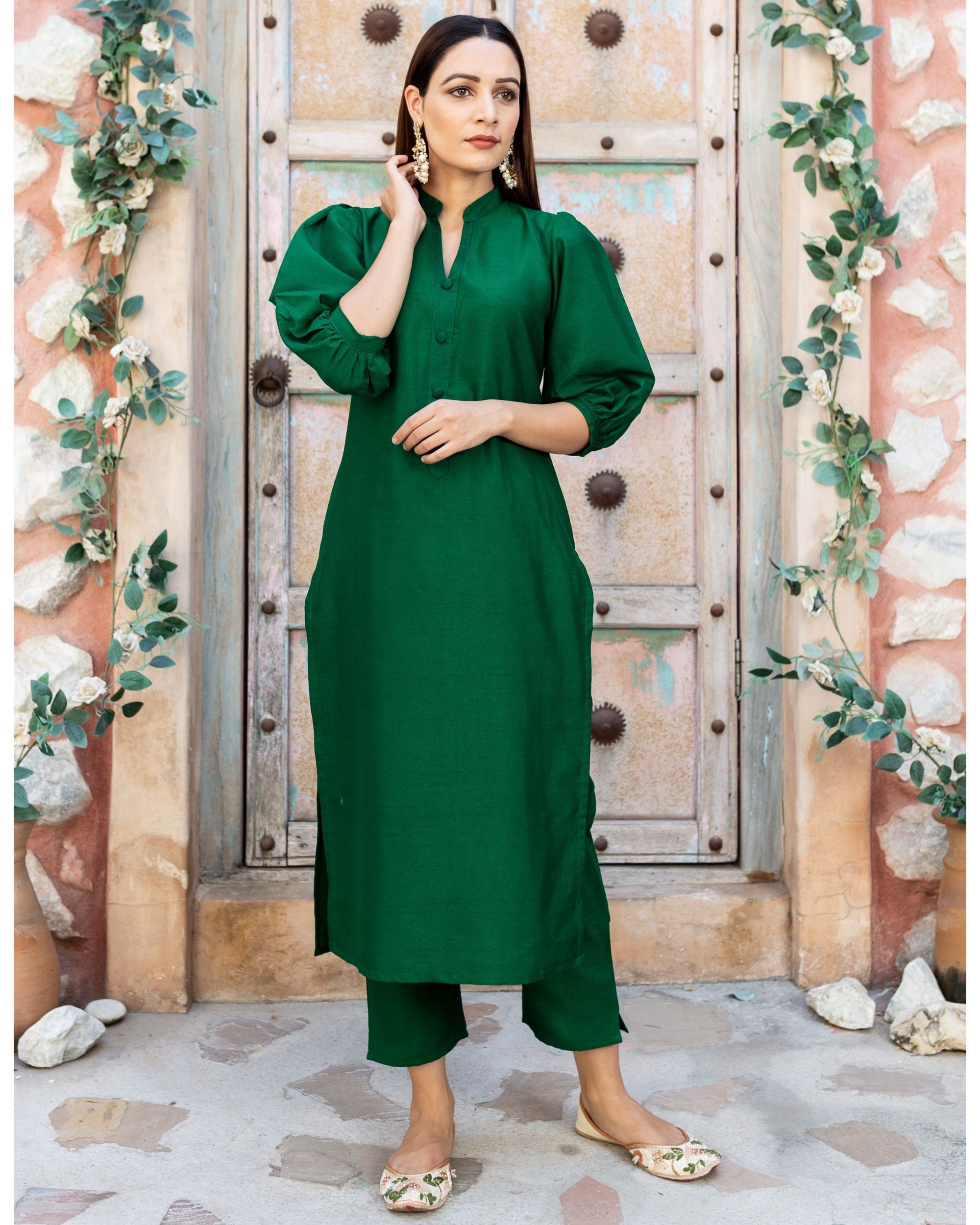 Emerald green silk suit - set of two