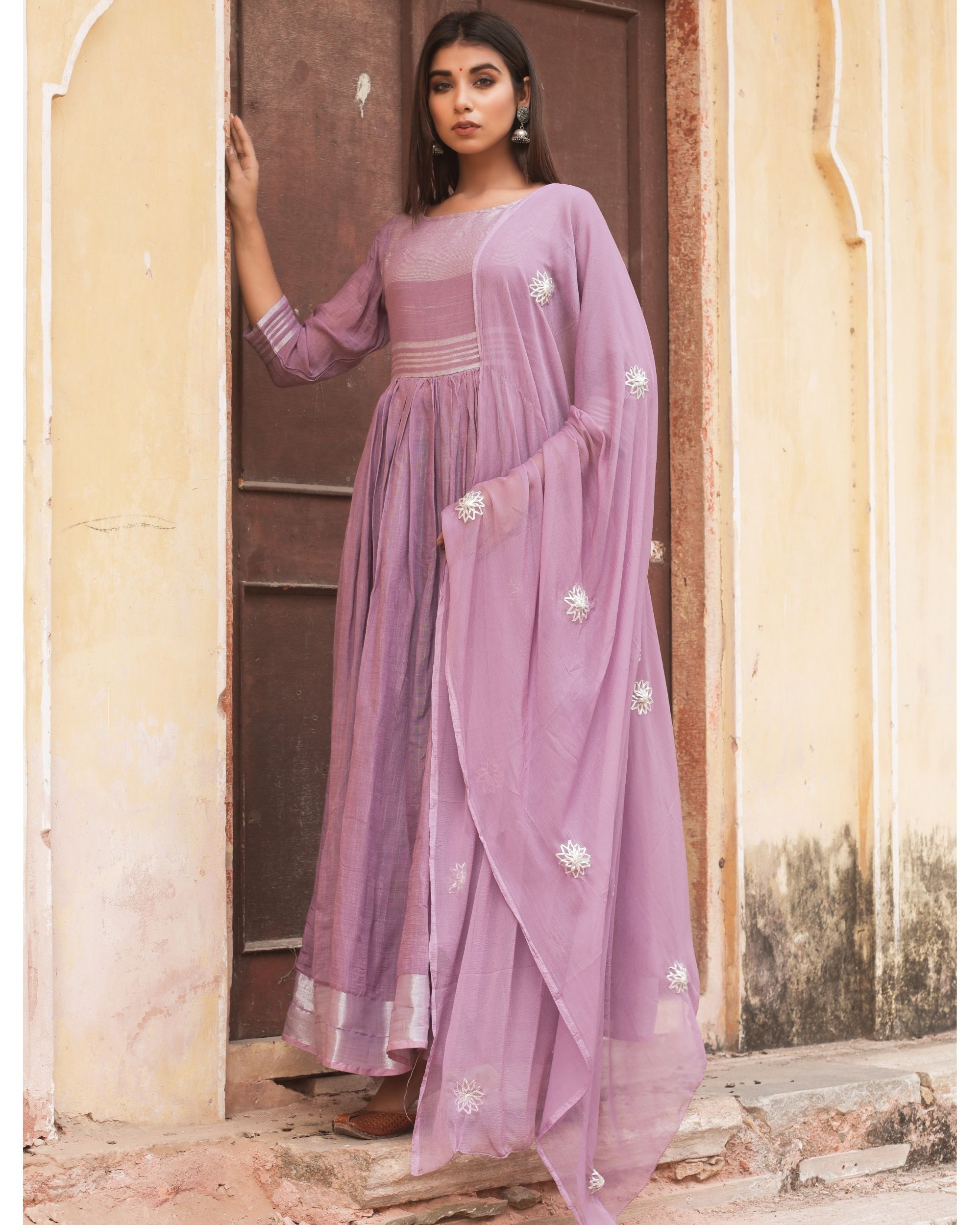 Purple linen dress with dupatta - set of two