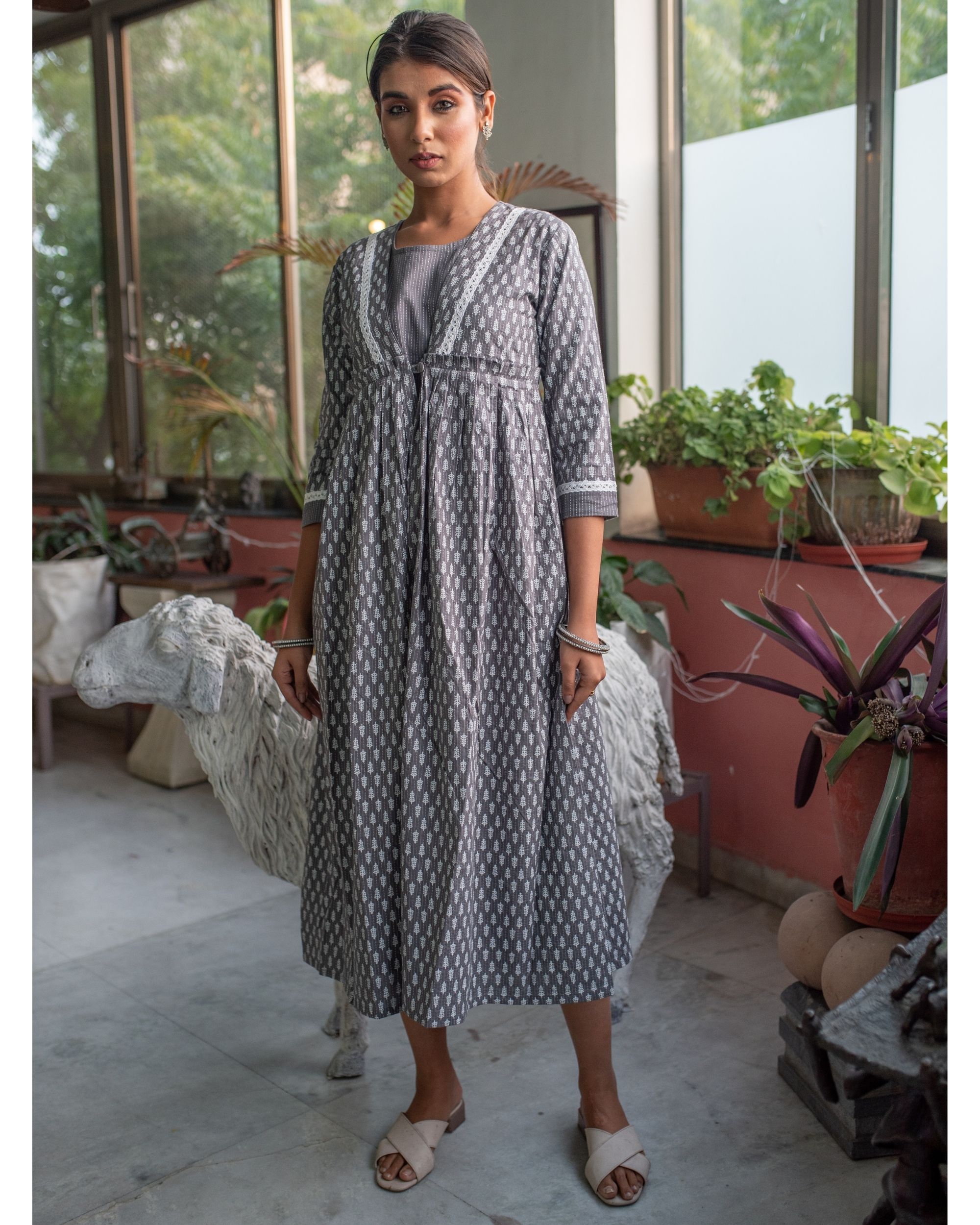 Grey gathered dress with an inner - set of two