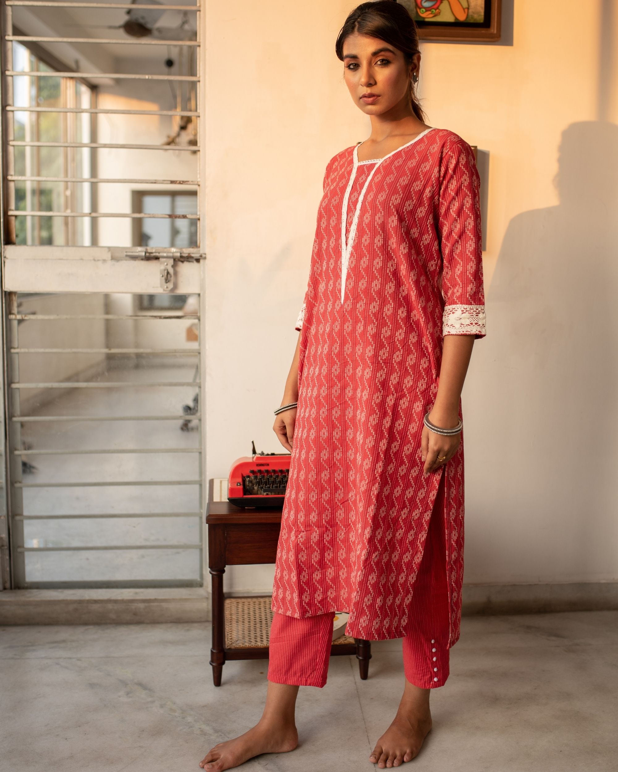 Red crochet kurta with straight pants - set of two