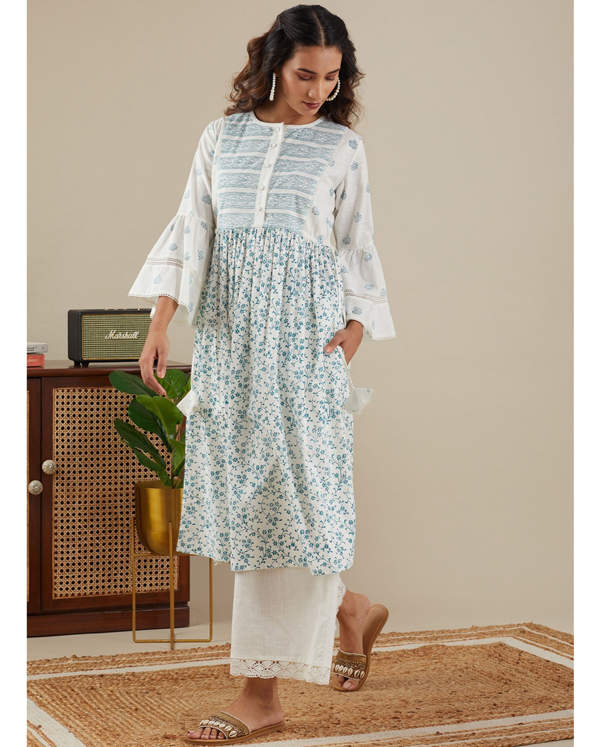 Teal striped kurta with pants - set of two
