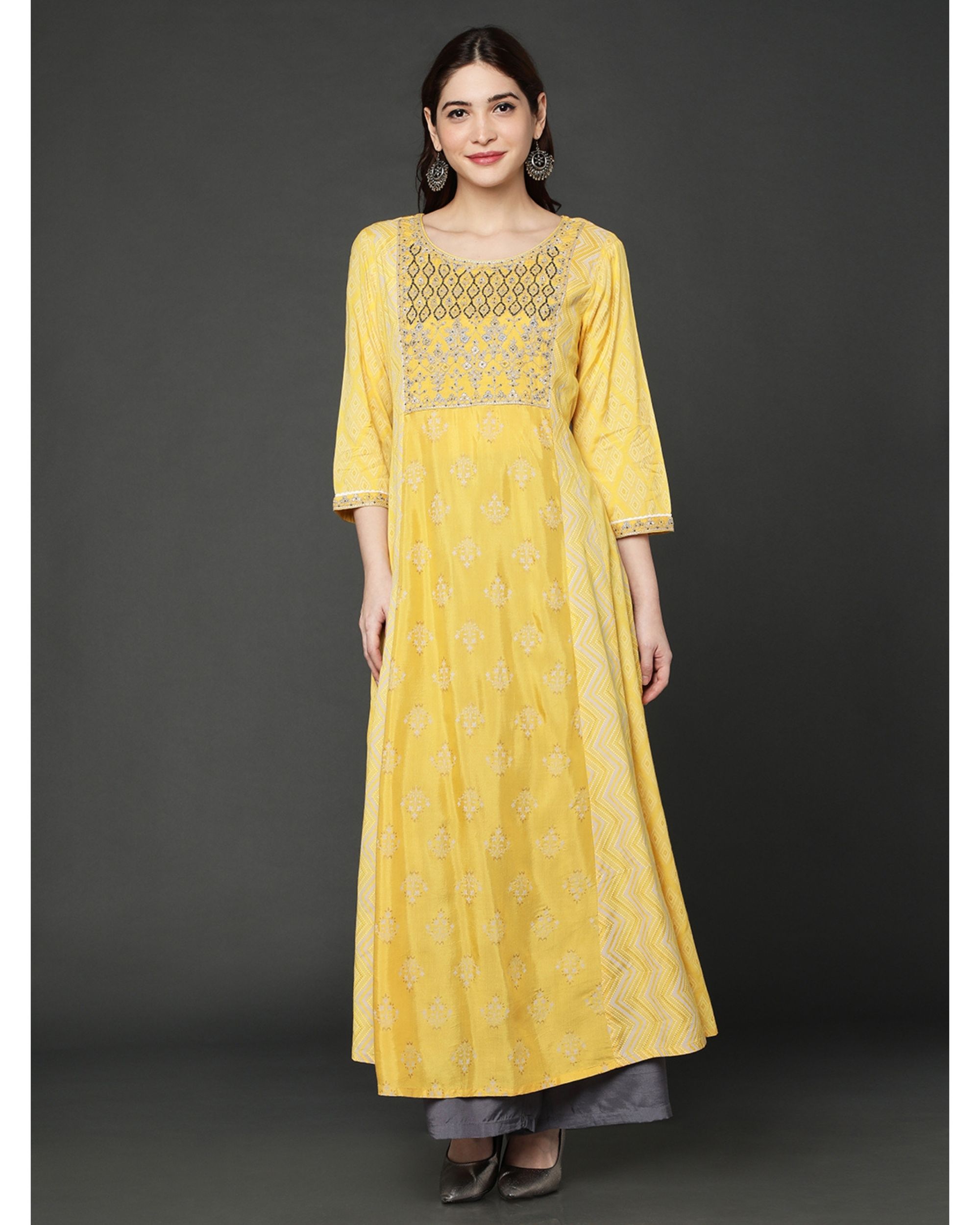 Yellow embroidered santoon dress by Ojas Designs | The Secret Label