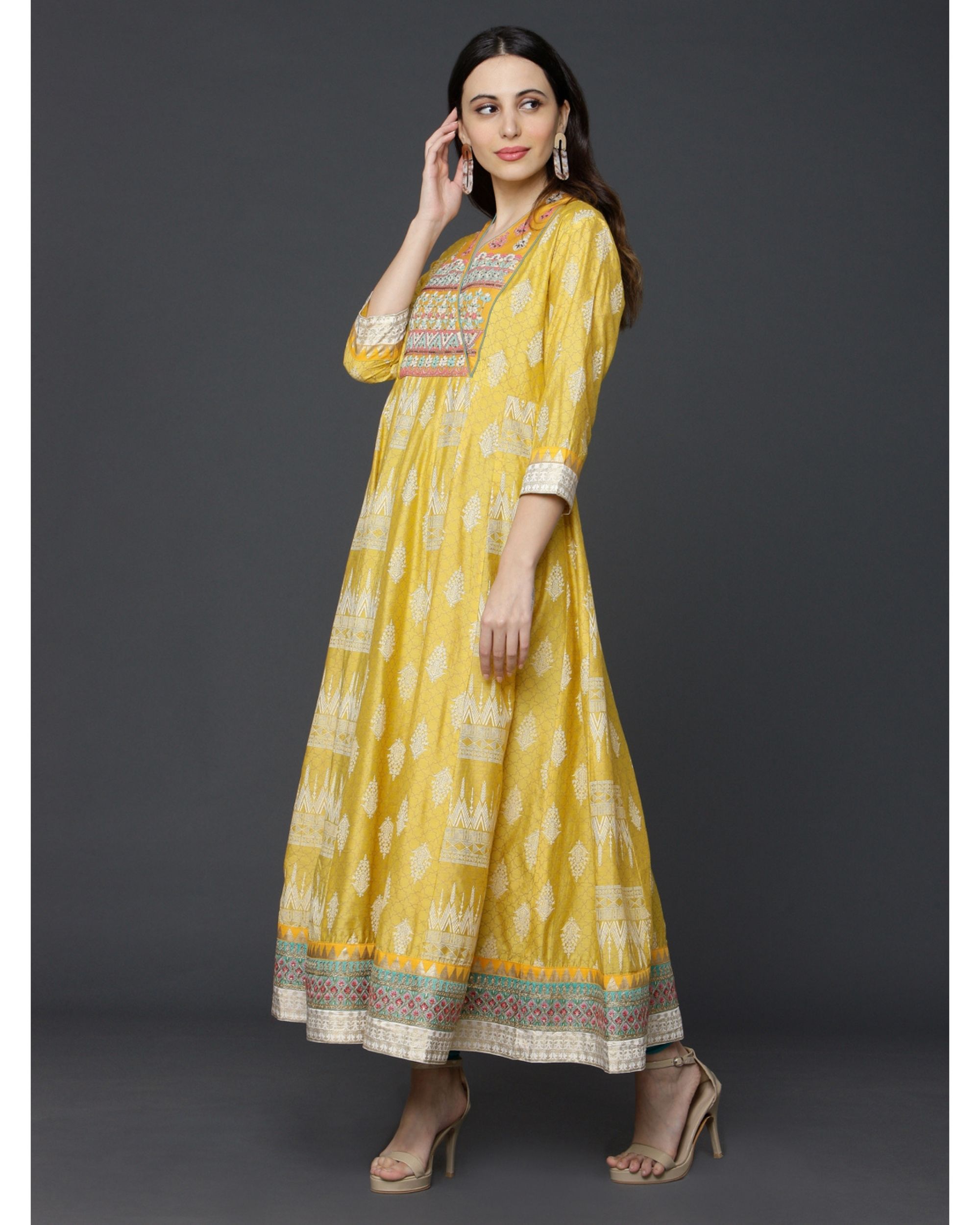 Yellow yoke embroidered anarkali by Ojas Designs | The Secret Label