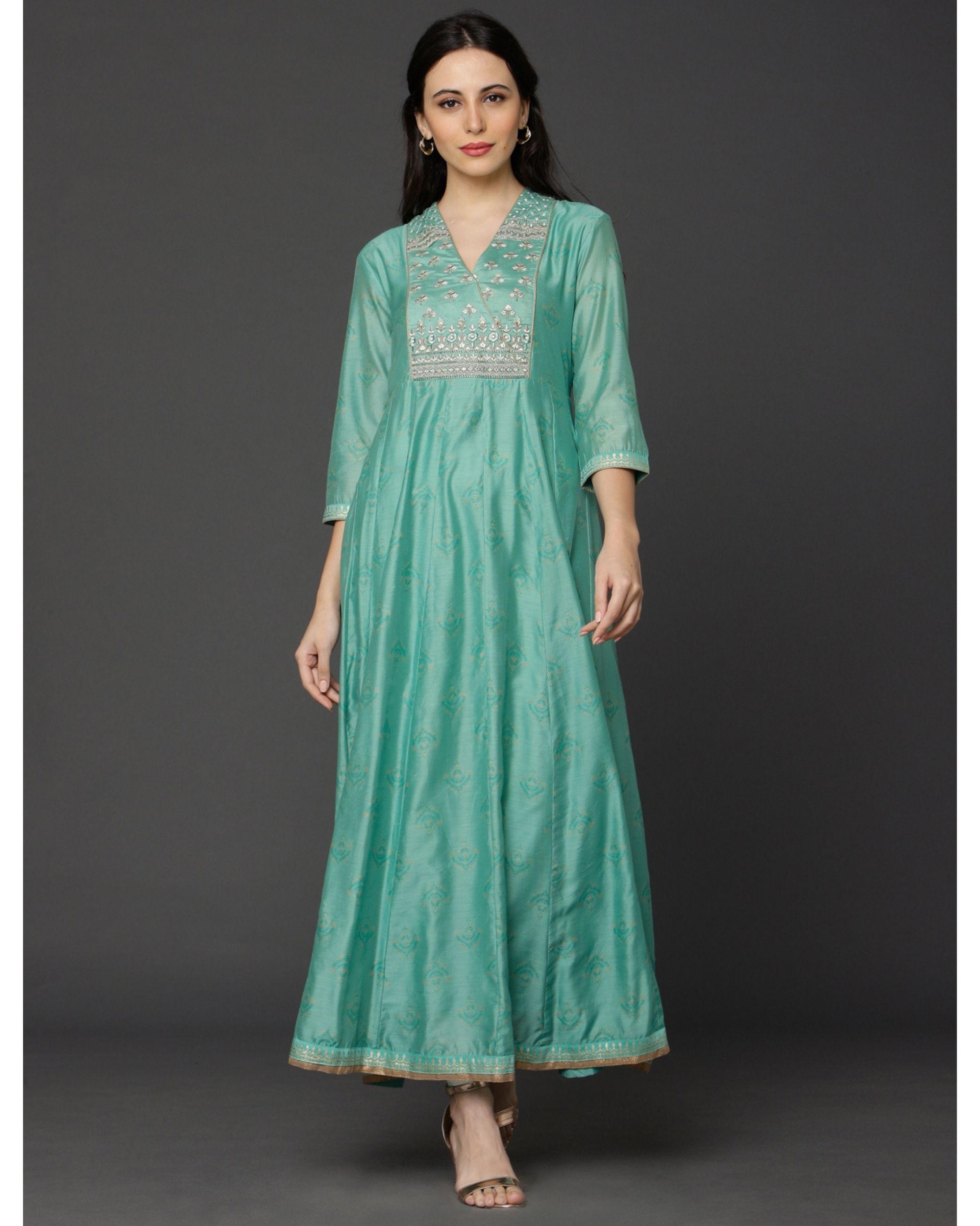 Turquoise yoke embroidered kurta by Ojas Designs | The Secret Label