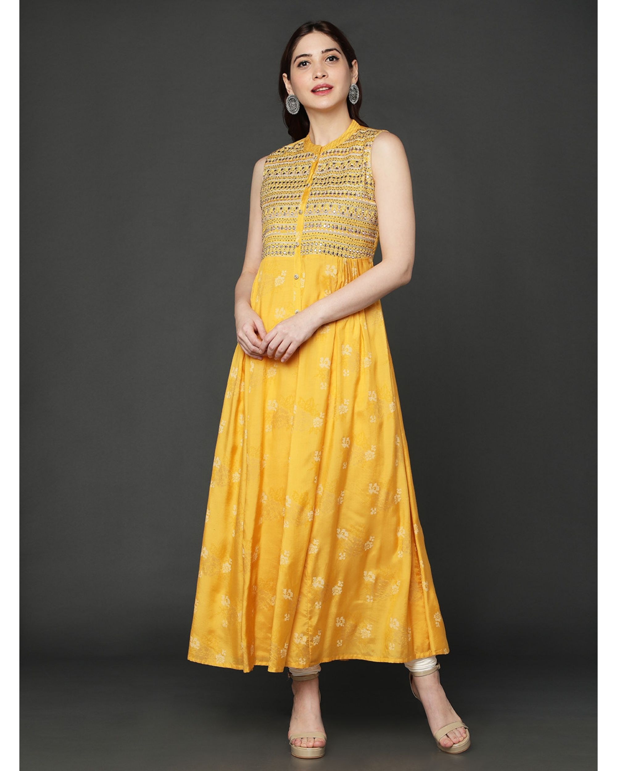 Yellow mirror embroidered dress by Ojas Designs | The Secret Label