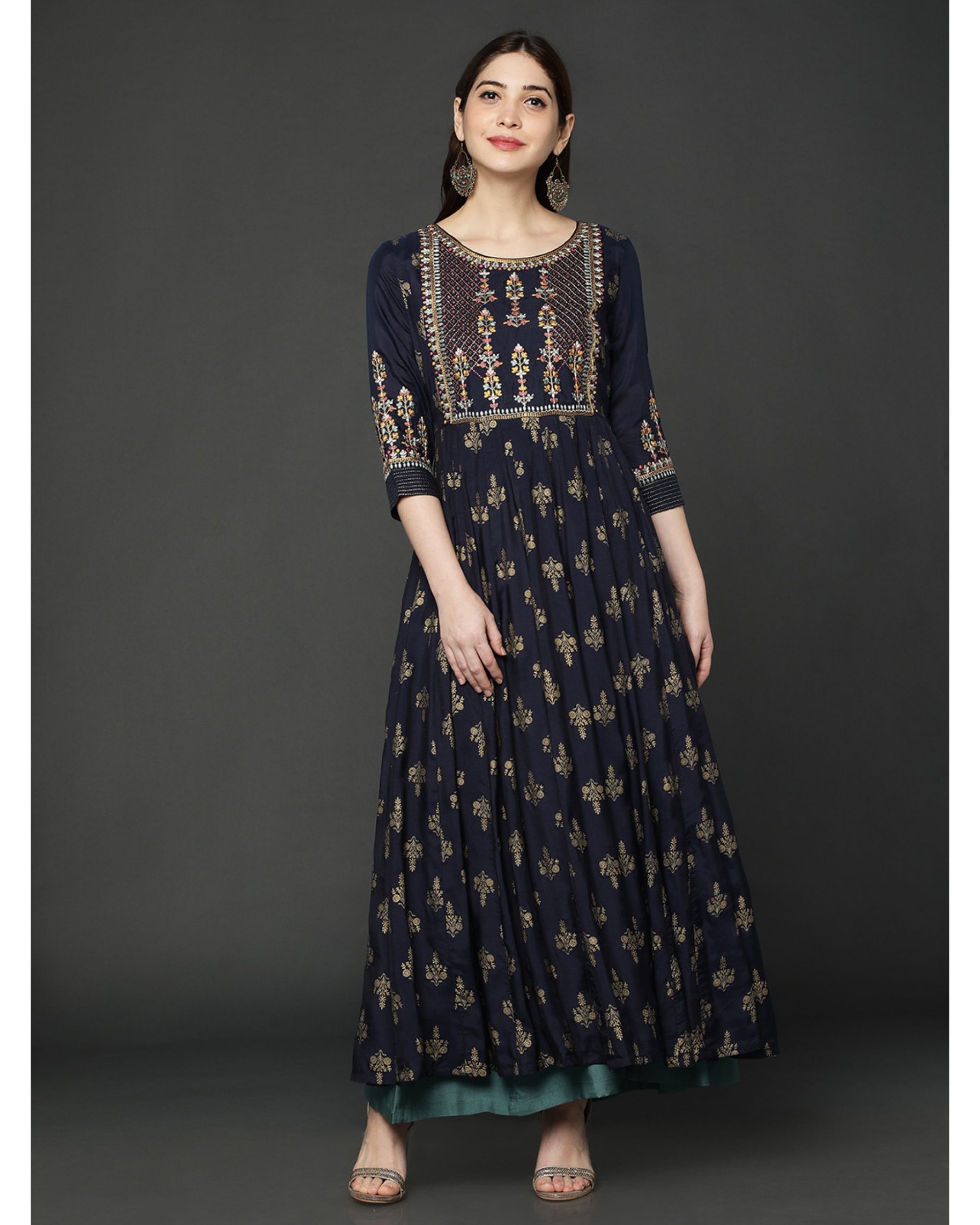 Blue yoke embroidered dress by Ojas Designs | The Secret Label