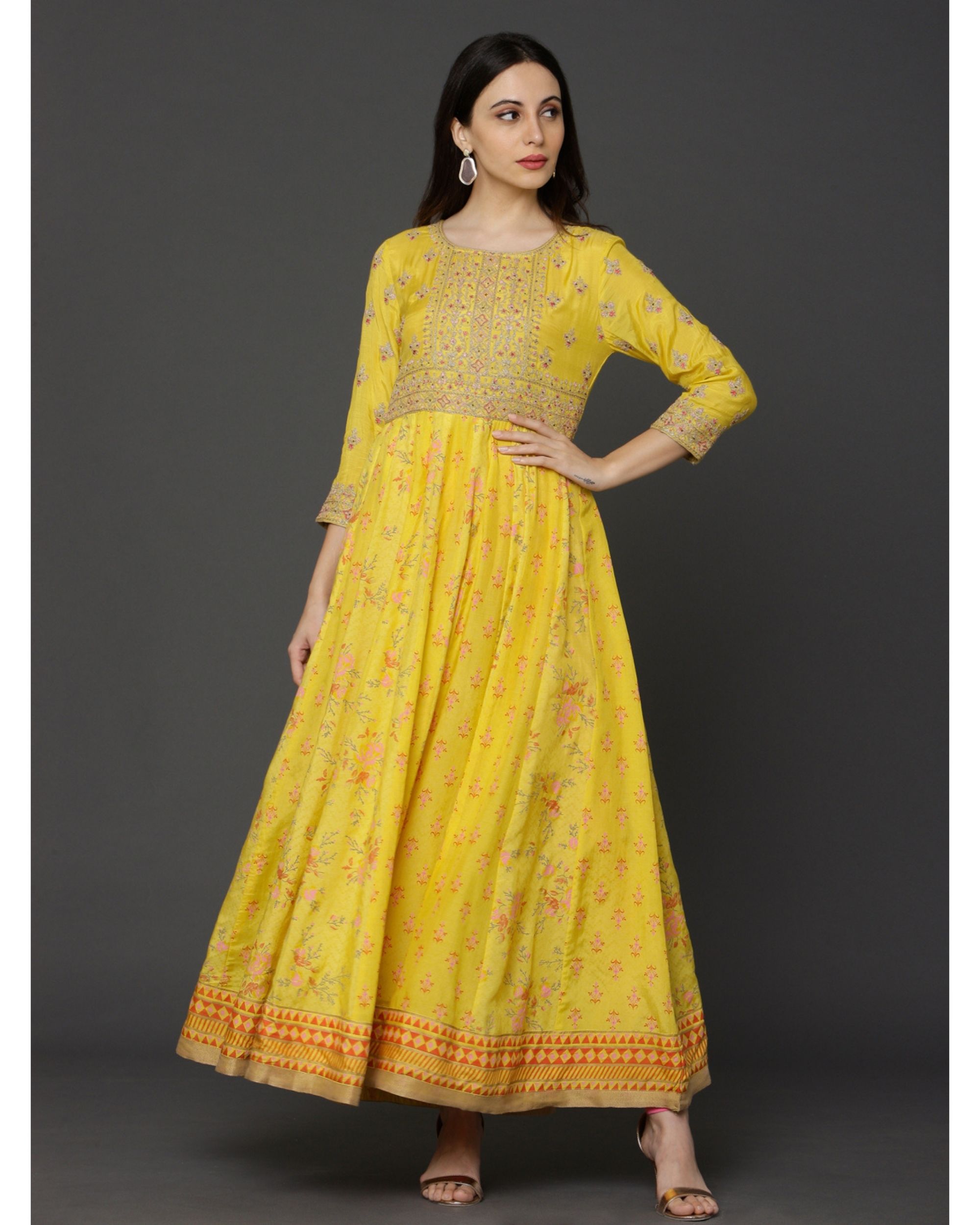 Yellow floral muslin dress by Ojas Designs | The Secret Label