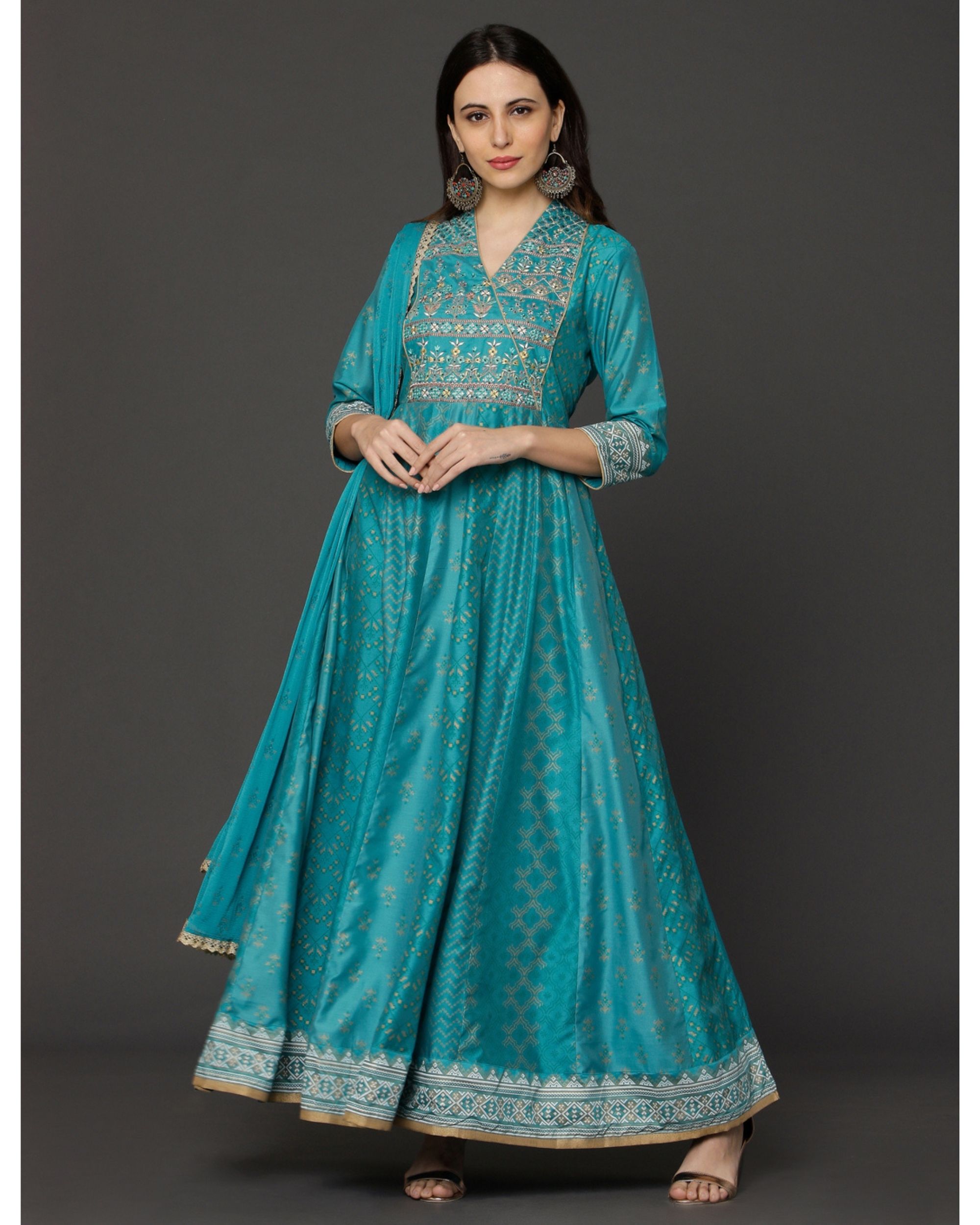 Turquoise flared embroidered dress with dupatta - Set of Two by Ojas ...