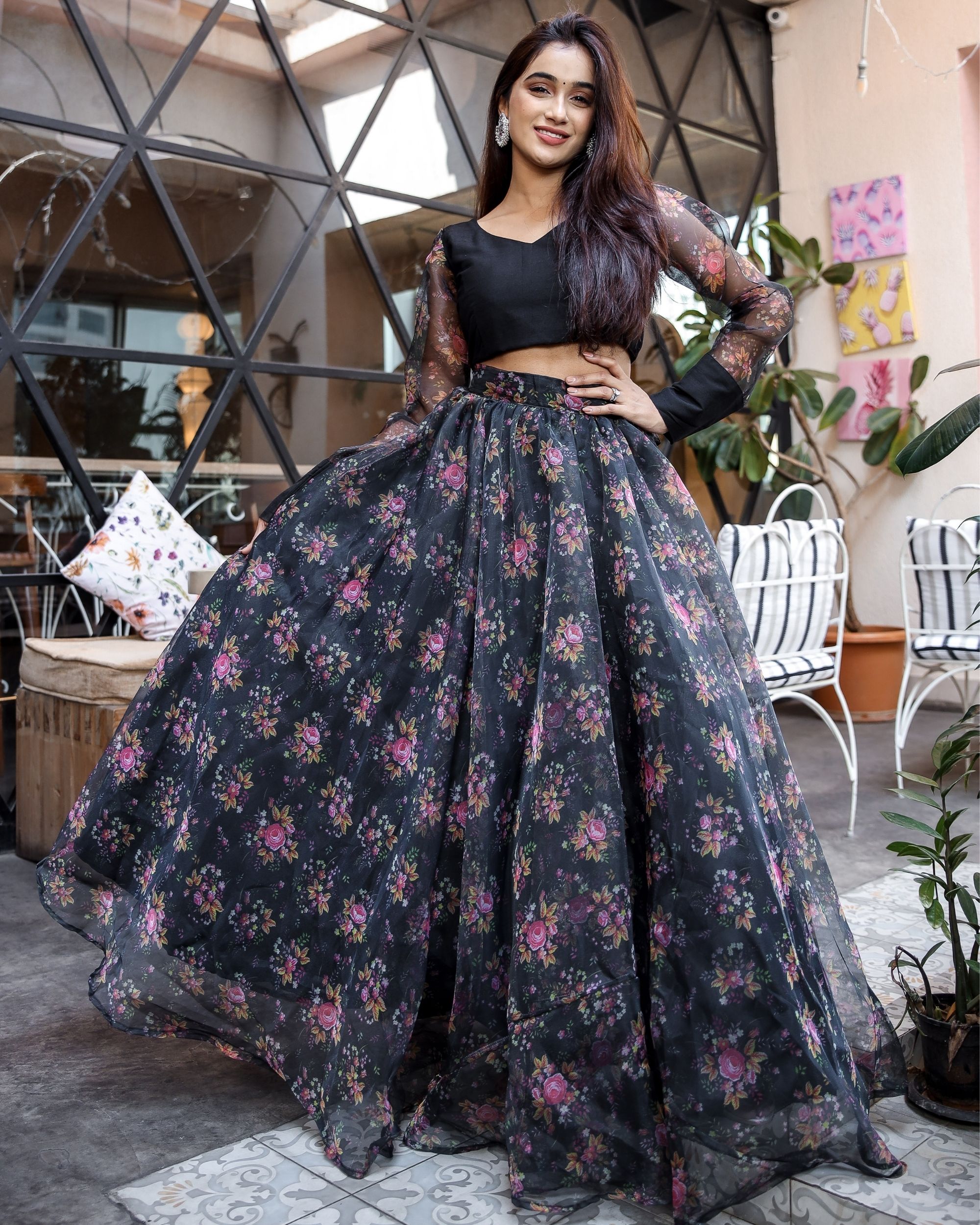 Buy Navy Blue Cotton Embroidered Lehenga With Long Crop Top