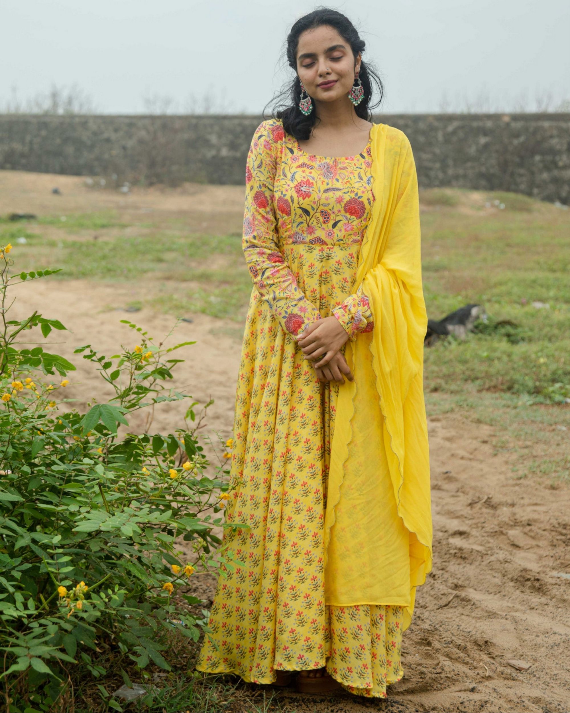 Yellow myna dress with dupatta - set of two