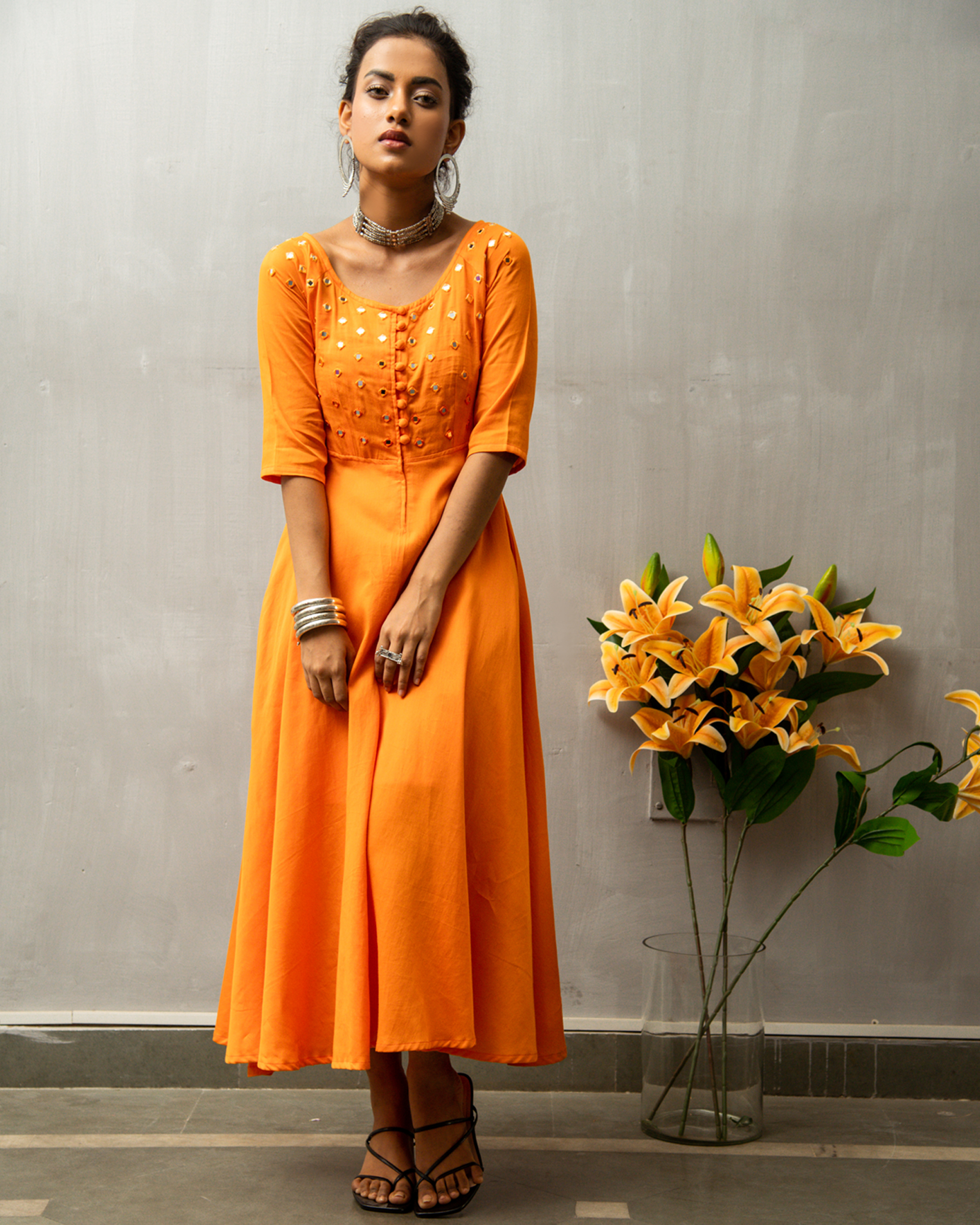 Orange fit hotsell and flare dress