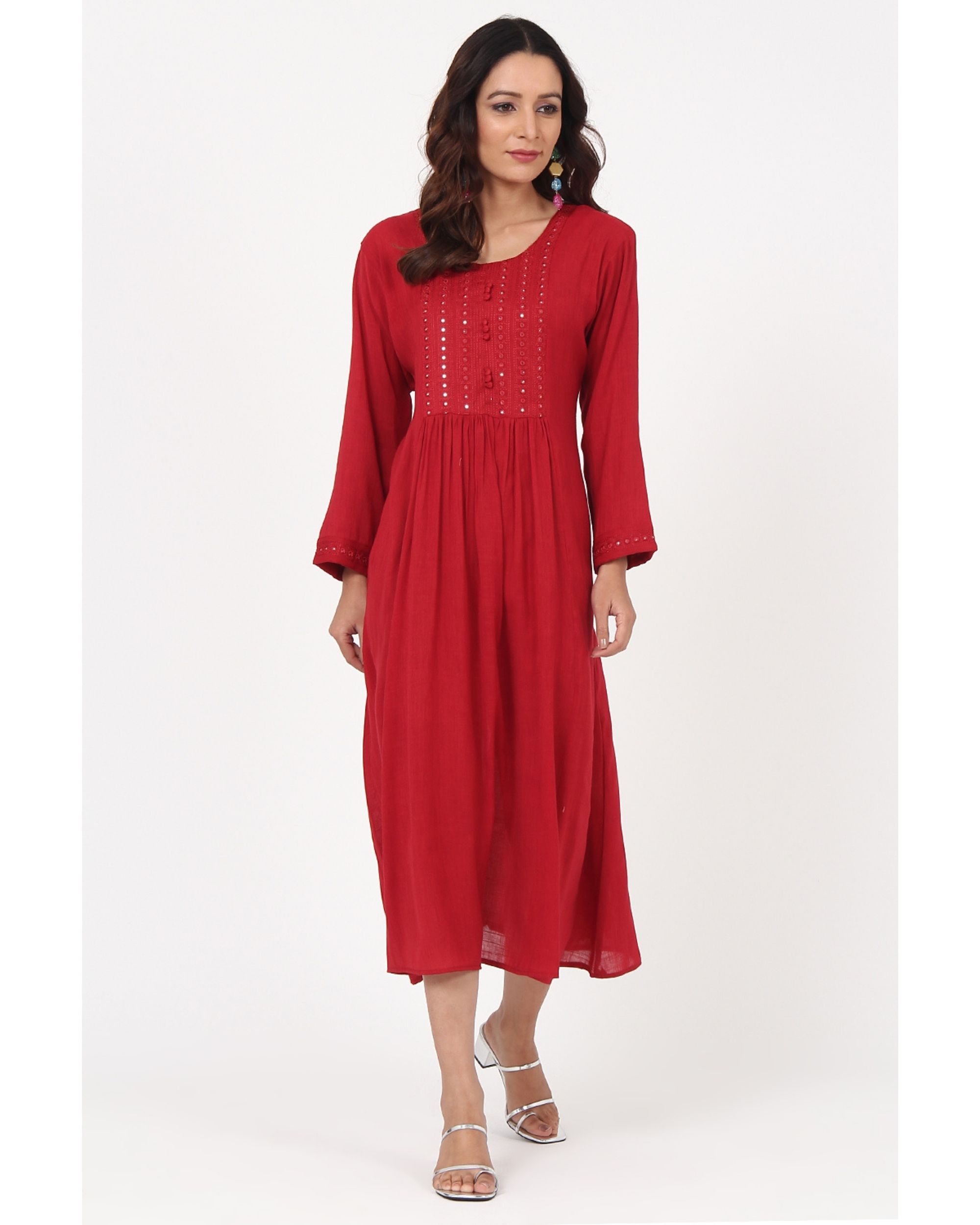 Red mirror embroidered yoke dress by Half Full Half Empty | The Secret ...