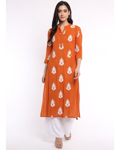 Orange thread embroidered flared kurta by Half Full Half Empty | The ...