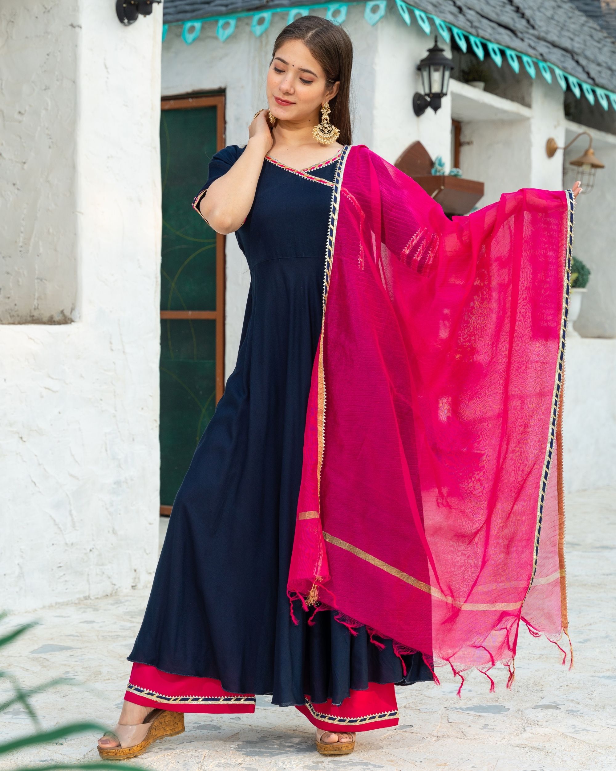 Buy Embroidered Net Salwar Suit in Navy Blue Online -