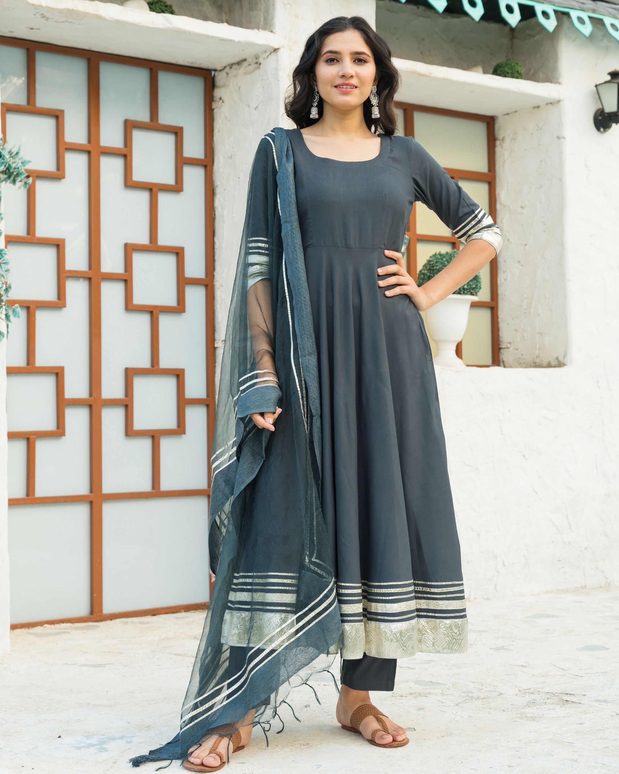 Buy Aqua Grey Maslin Silk Embroidered Straight Suit | Straight Salwar Suits