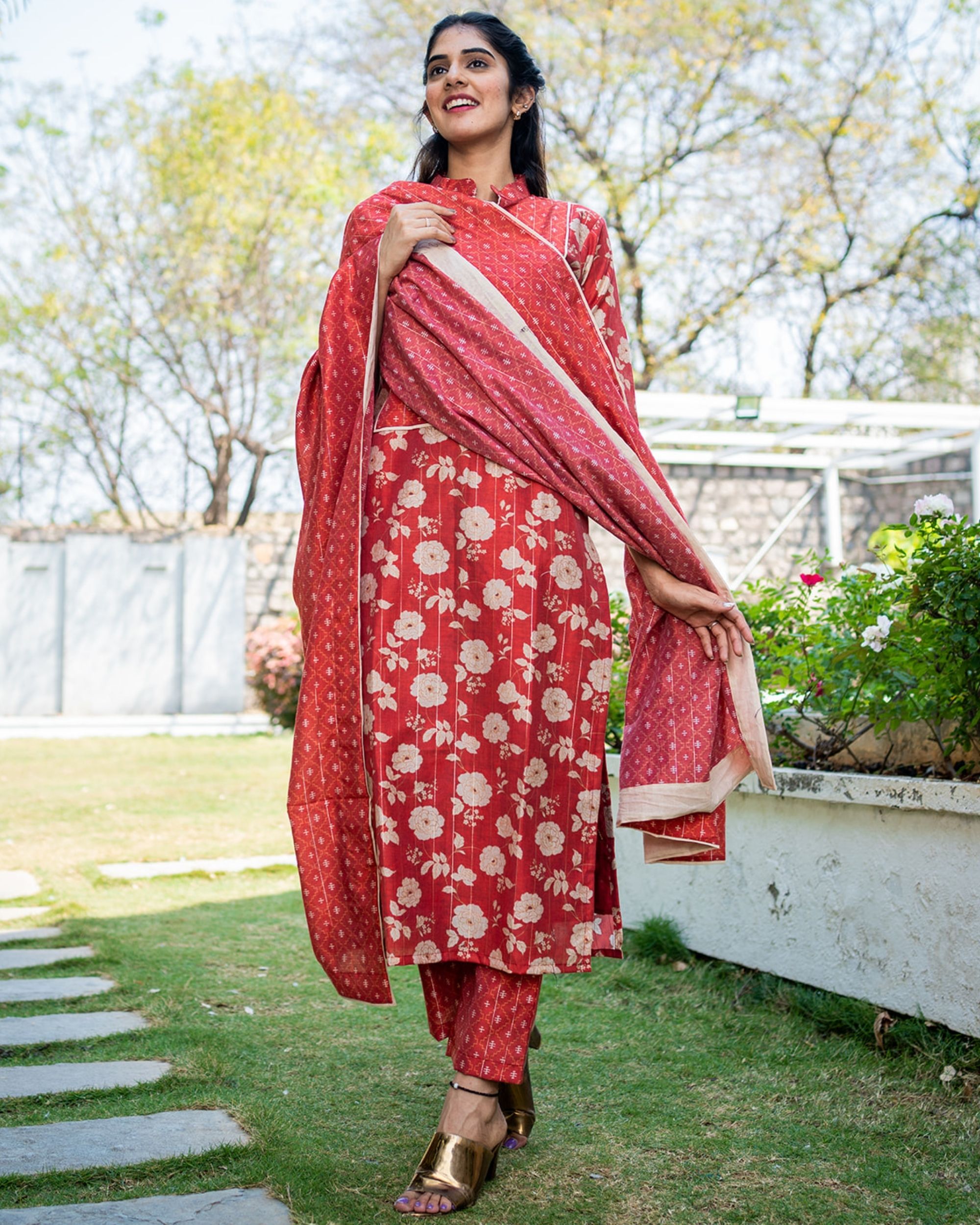 Red Block Print Chanderi Suit for Women with Leheriya Dupatta – Maitri  Jaipur