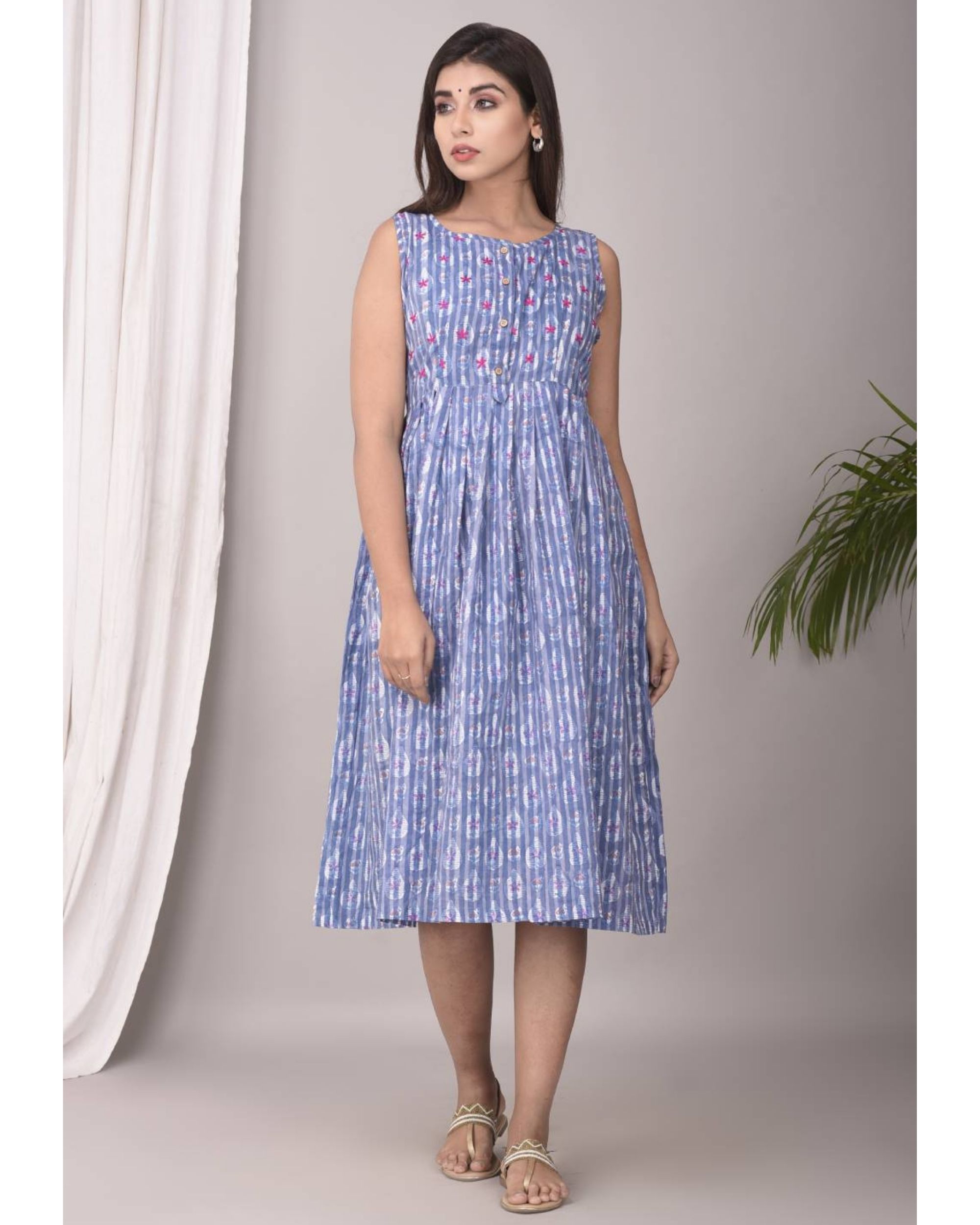 Floral blue pleated dress by Jaipuri Jazz | The Secret Label