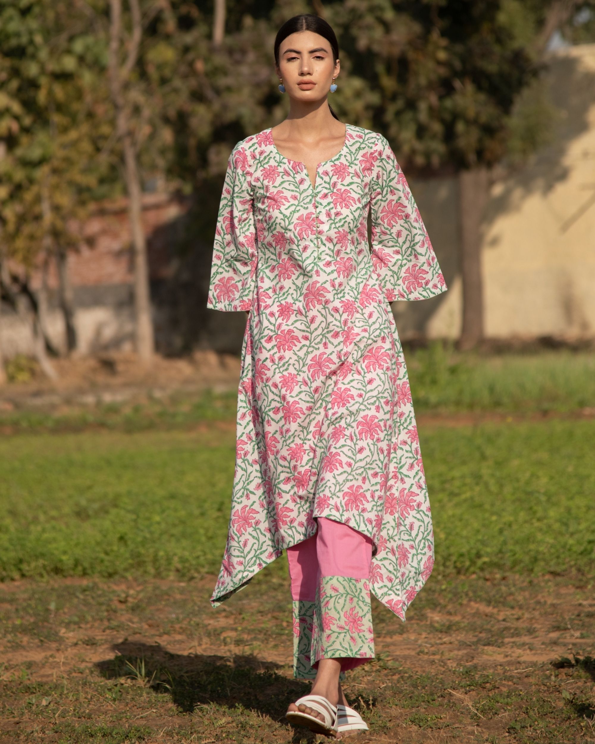 Buy Olive Green Floral Print Satin Suit Set Online - Aarke India Store View