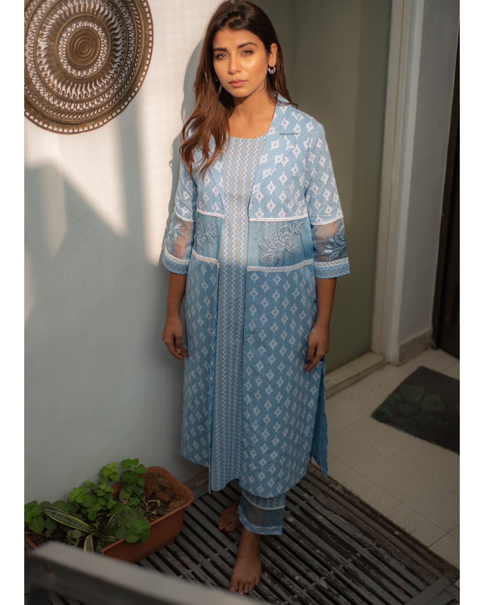 Blue kurta with a floral jacket - set of two