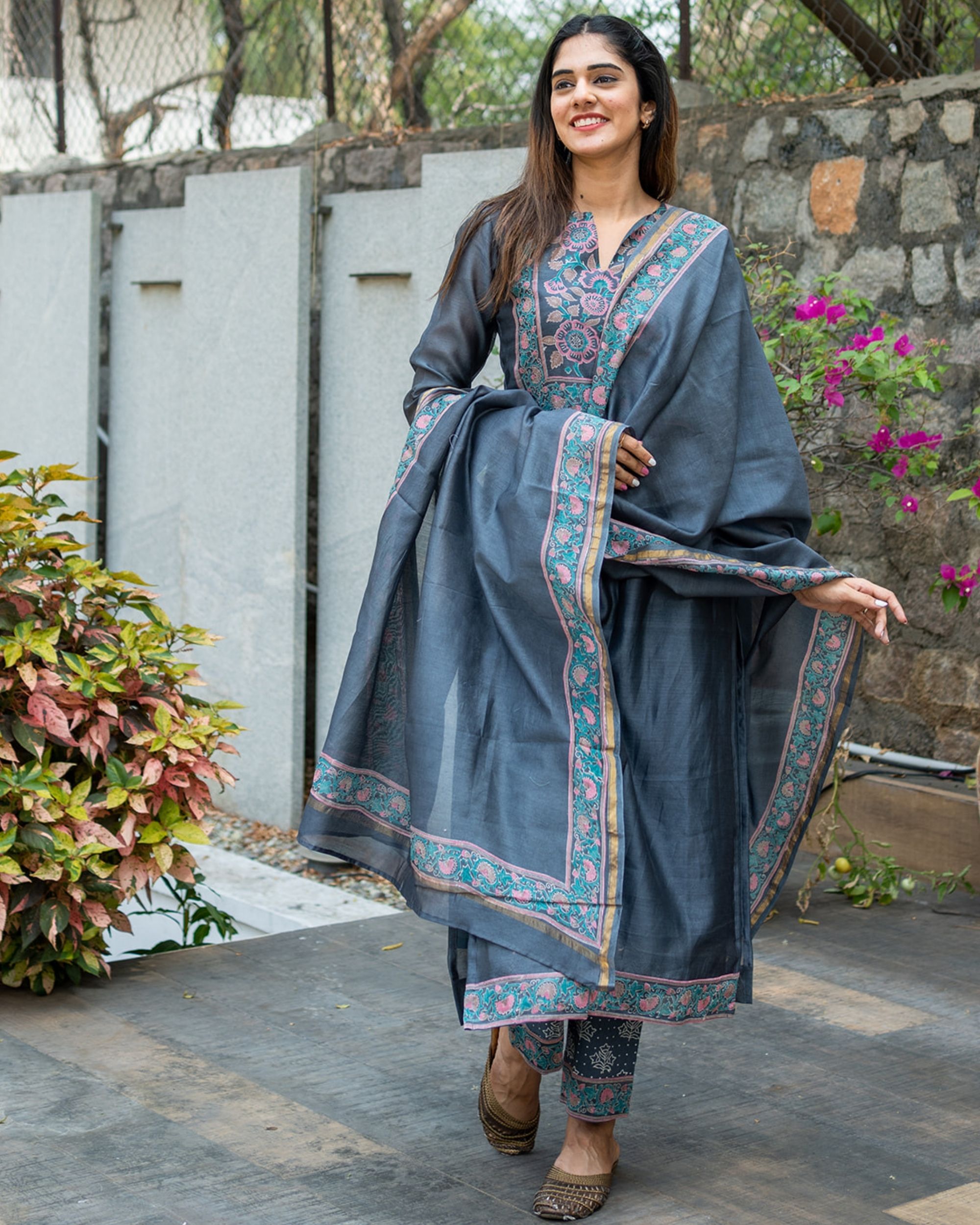 Chanderi silk dress material 3 piece chanderi silk suit material with  handblock print firoza code 8