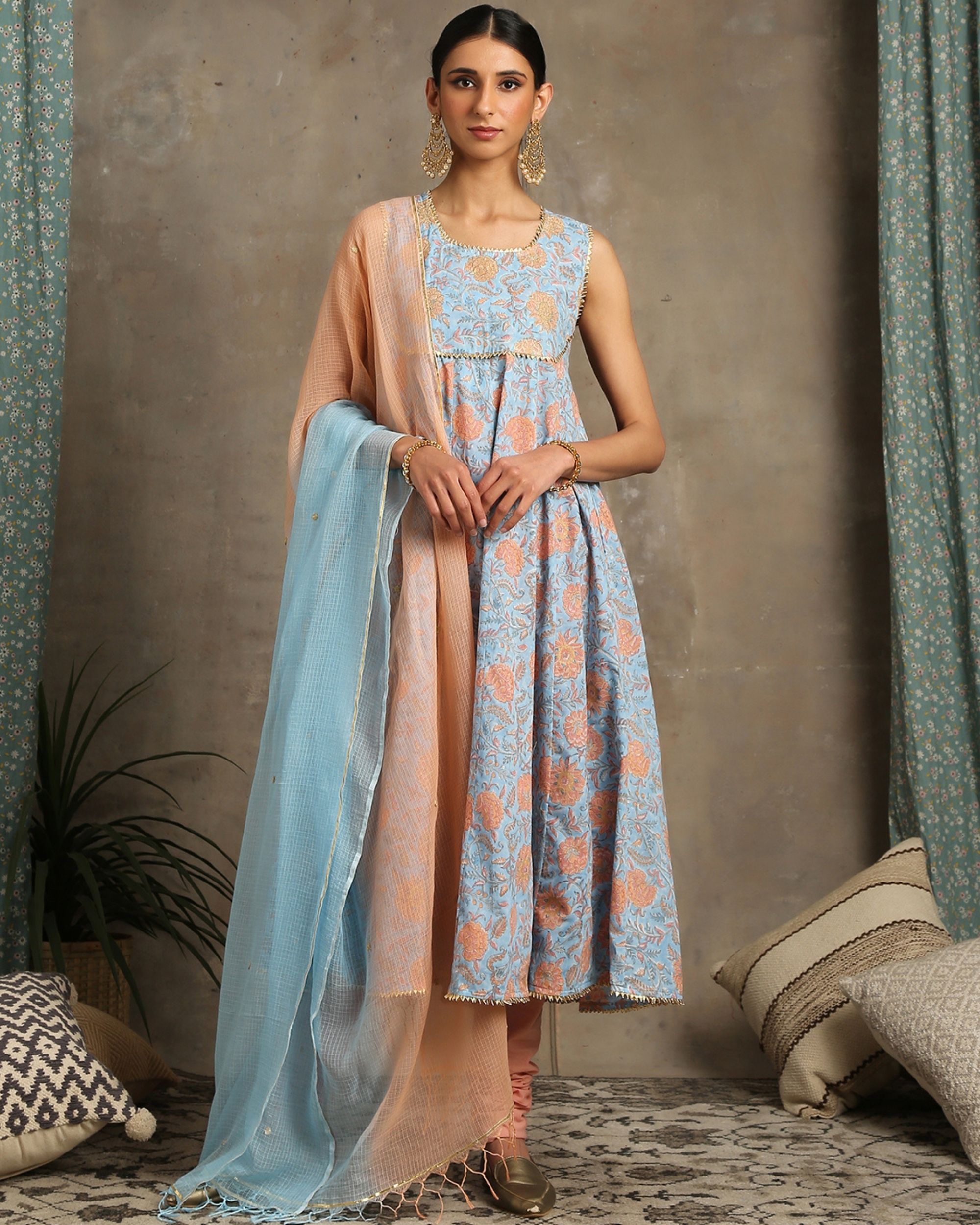 Pastel blue hand printed kurta and churidaar with dupatta - set of ...