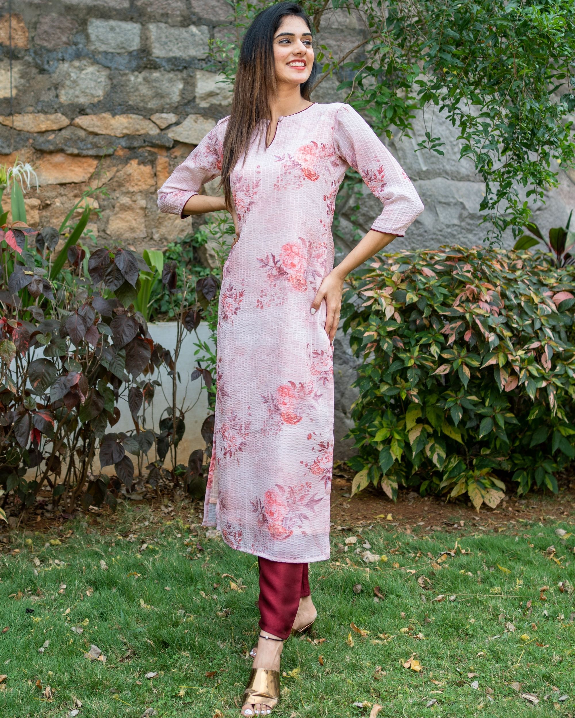 Blush pink self embroidered kurta with maroon pants - set of two