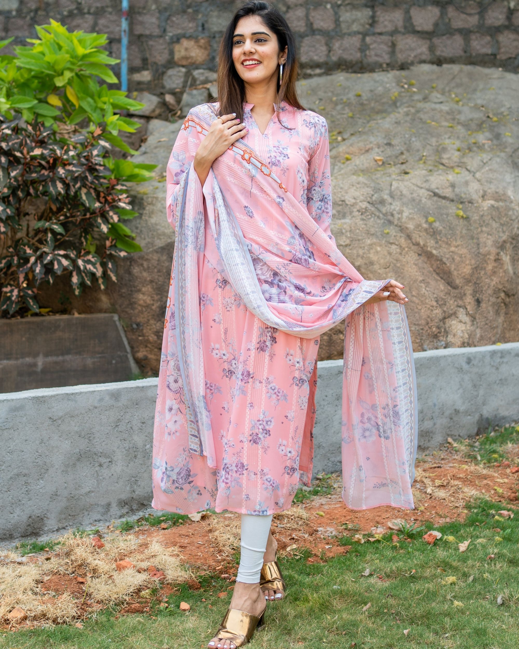 Pink floral printed self embroidered kurta with dupatta - set of two