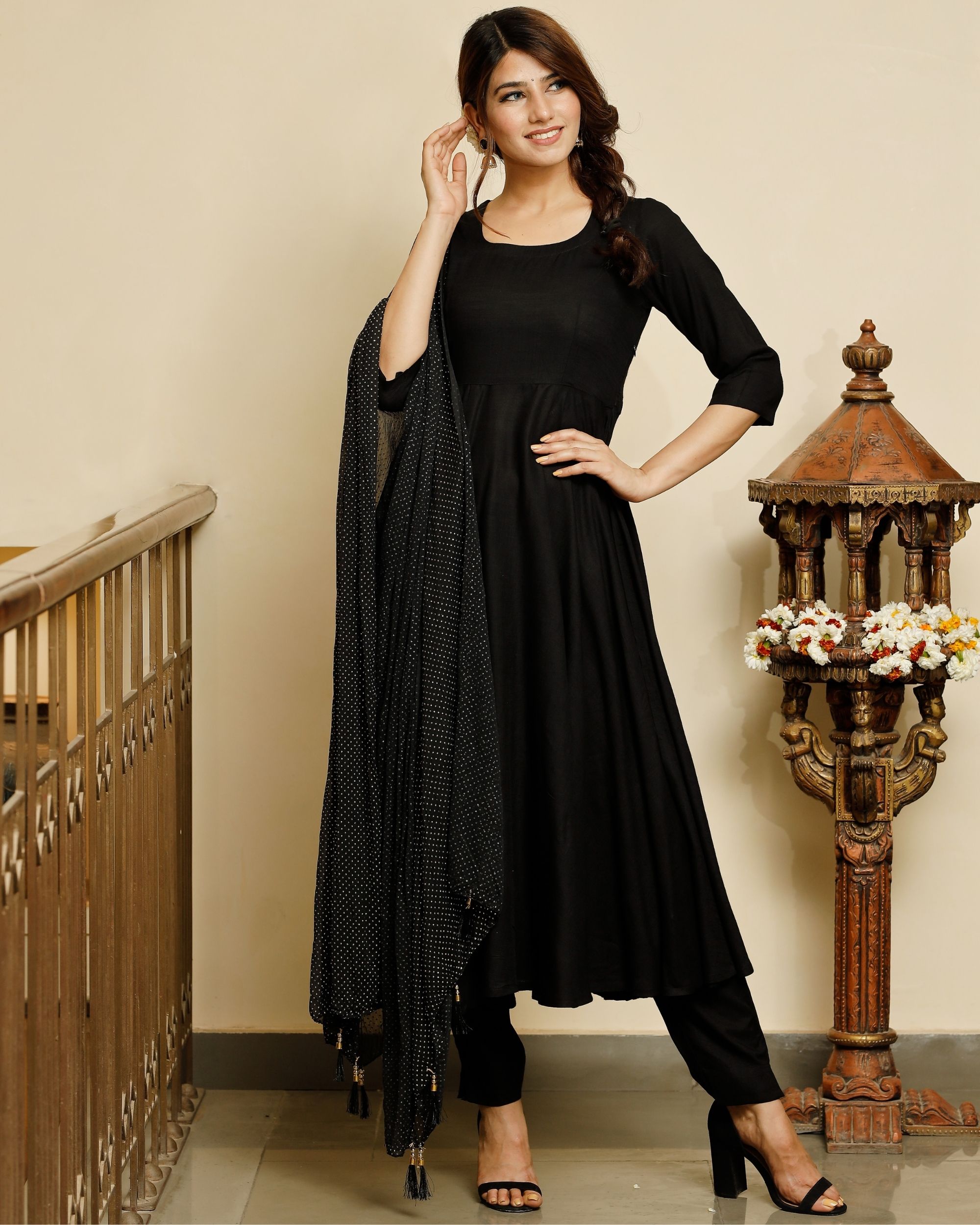 Jet black flared kurta and pants with dupatta set of three by Pheeta