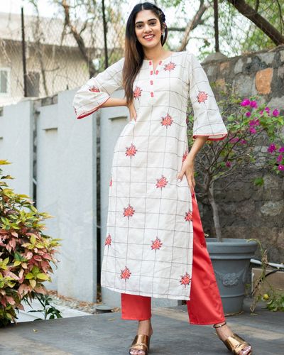 Off white and tangerine embroidered kurta and pants - Set Of Two