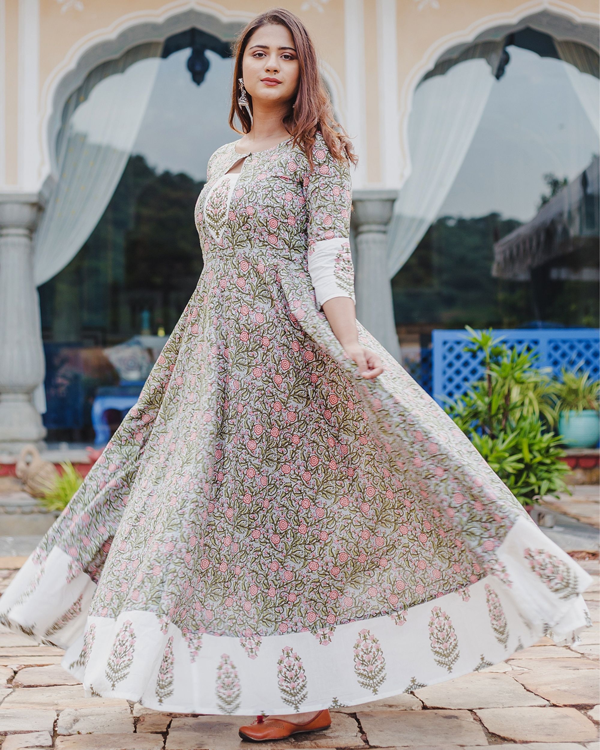Green and pink floral printed mughal dress
