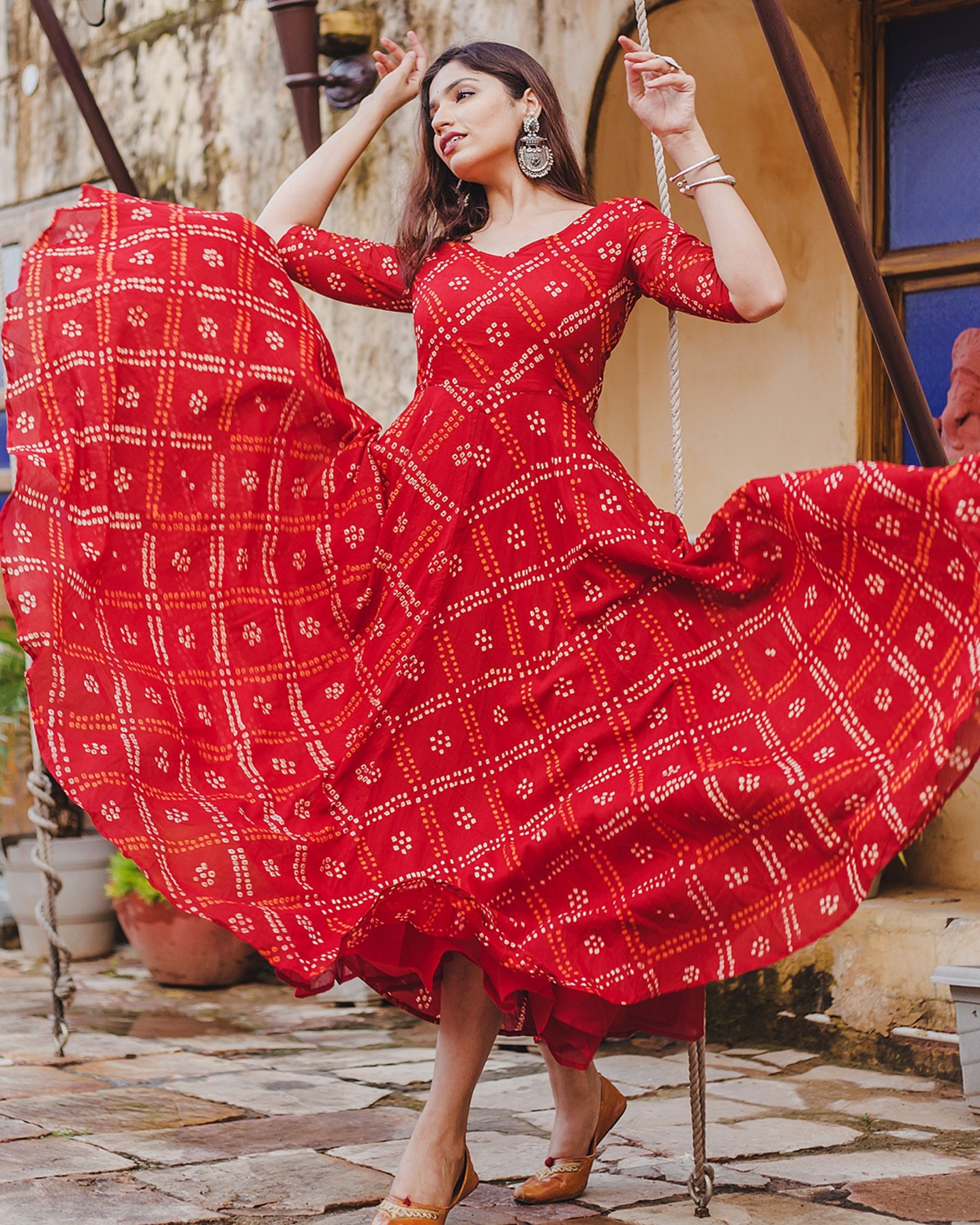 Red checkered bandhani dress by Prints ...