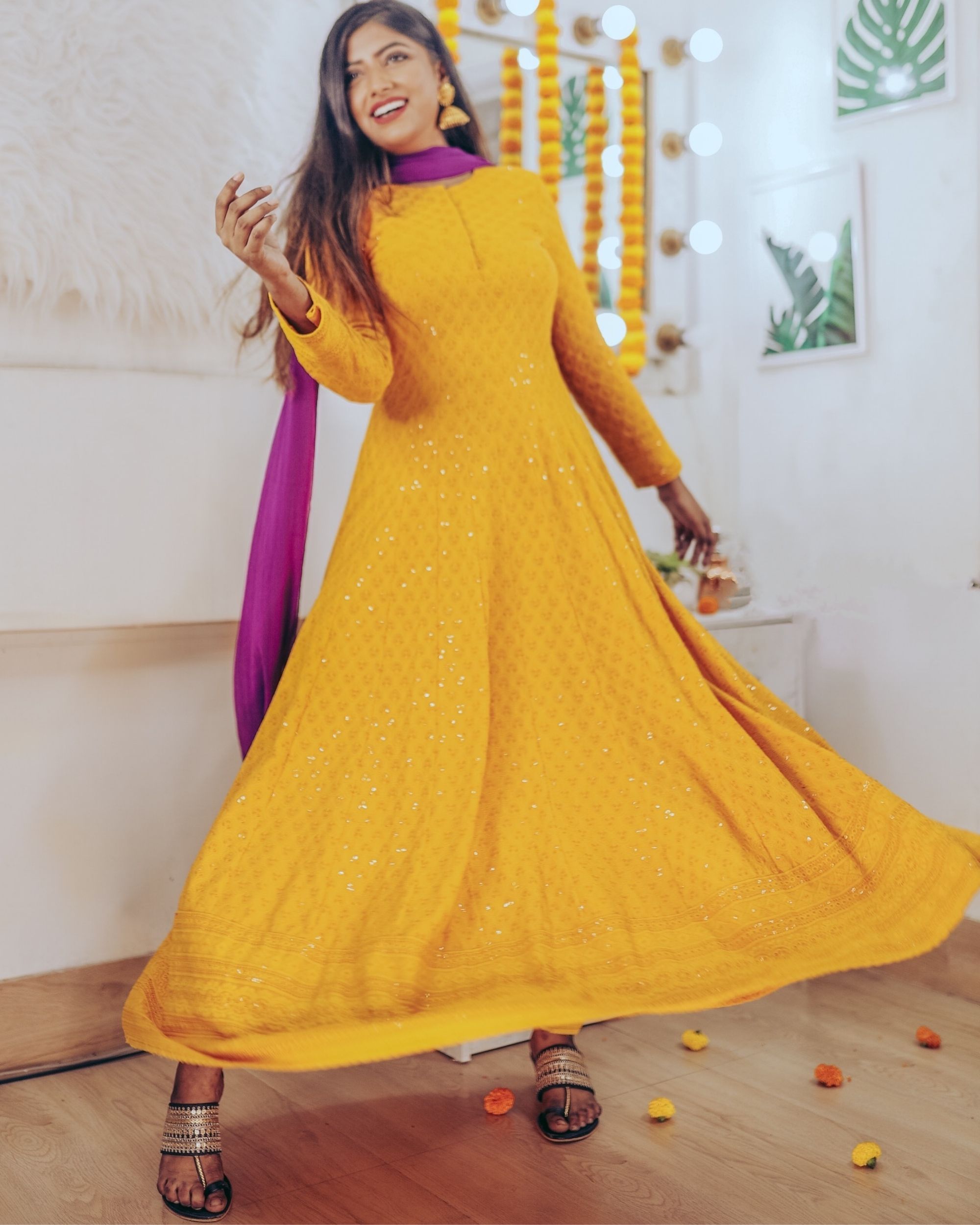 Mustard yellow chikankari maxi dress and with purple dupatta - set of ...
