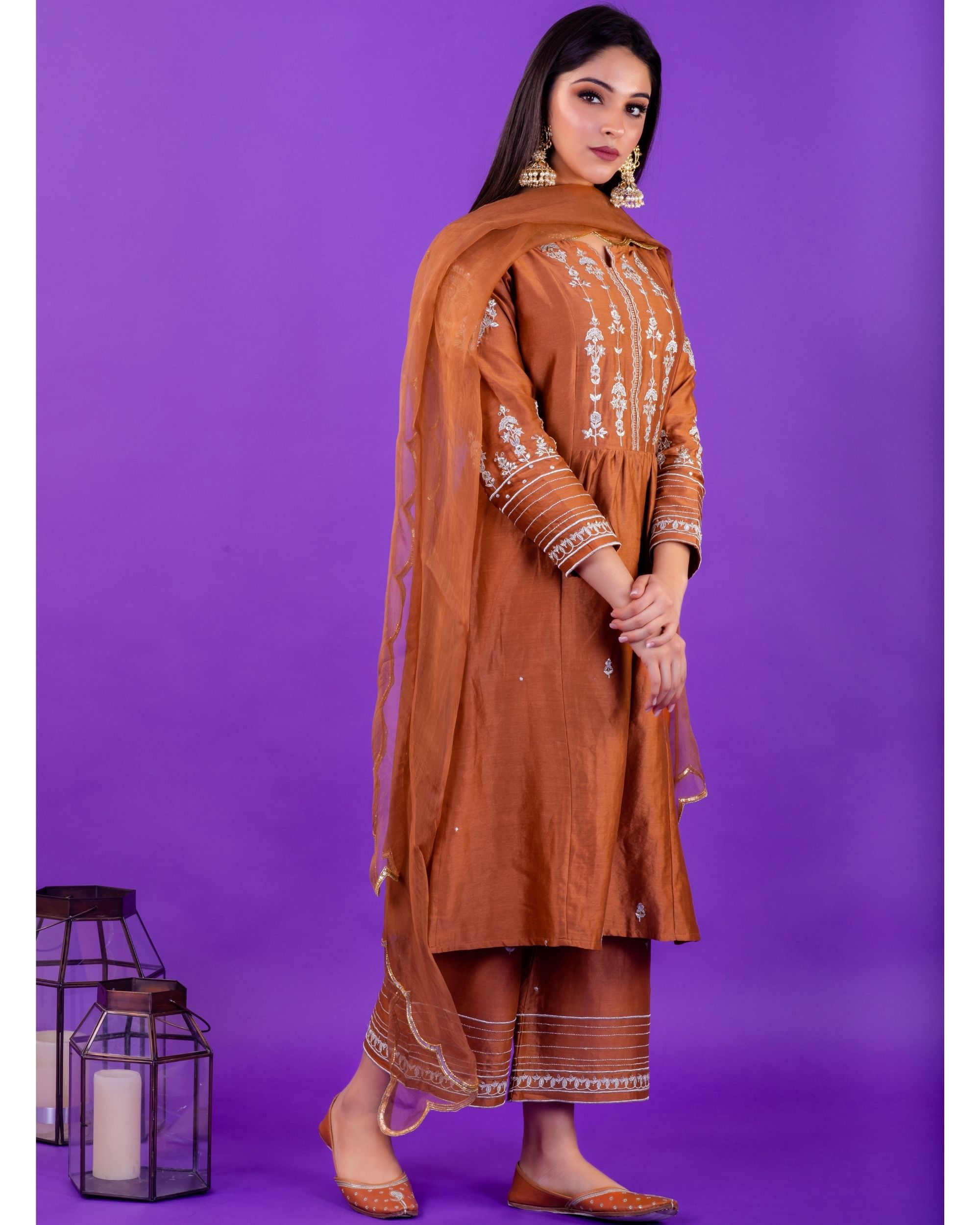 Brown hand emboidered chanderi silk kurta with palazzo - set of two by ...