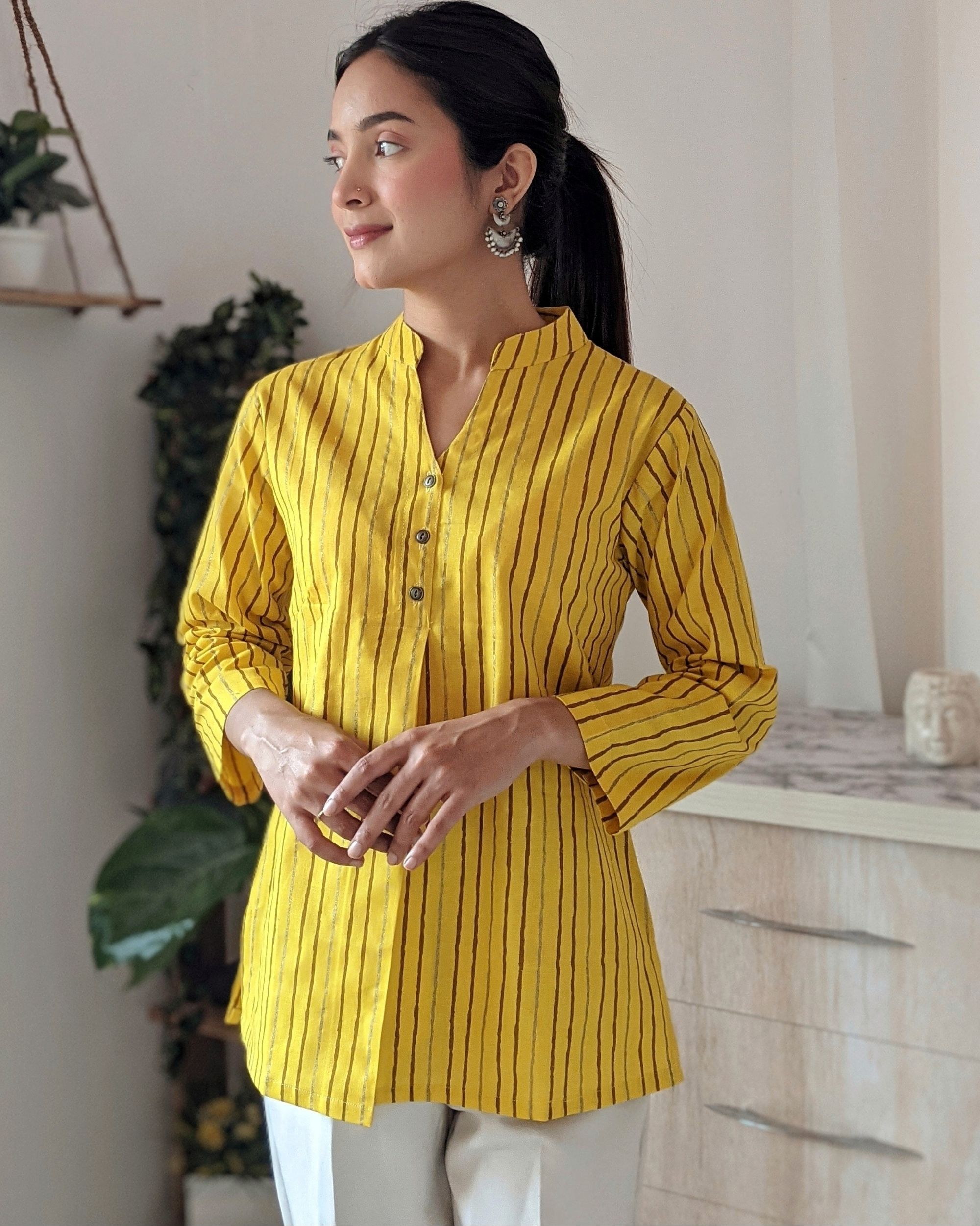 Yellow ochre front pleated striped top by Half Full Half Empty | The ...