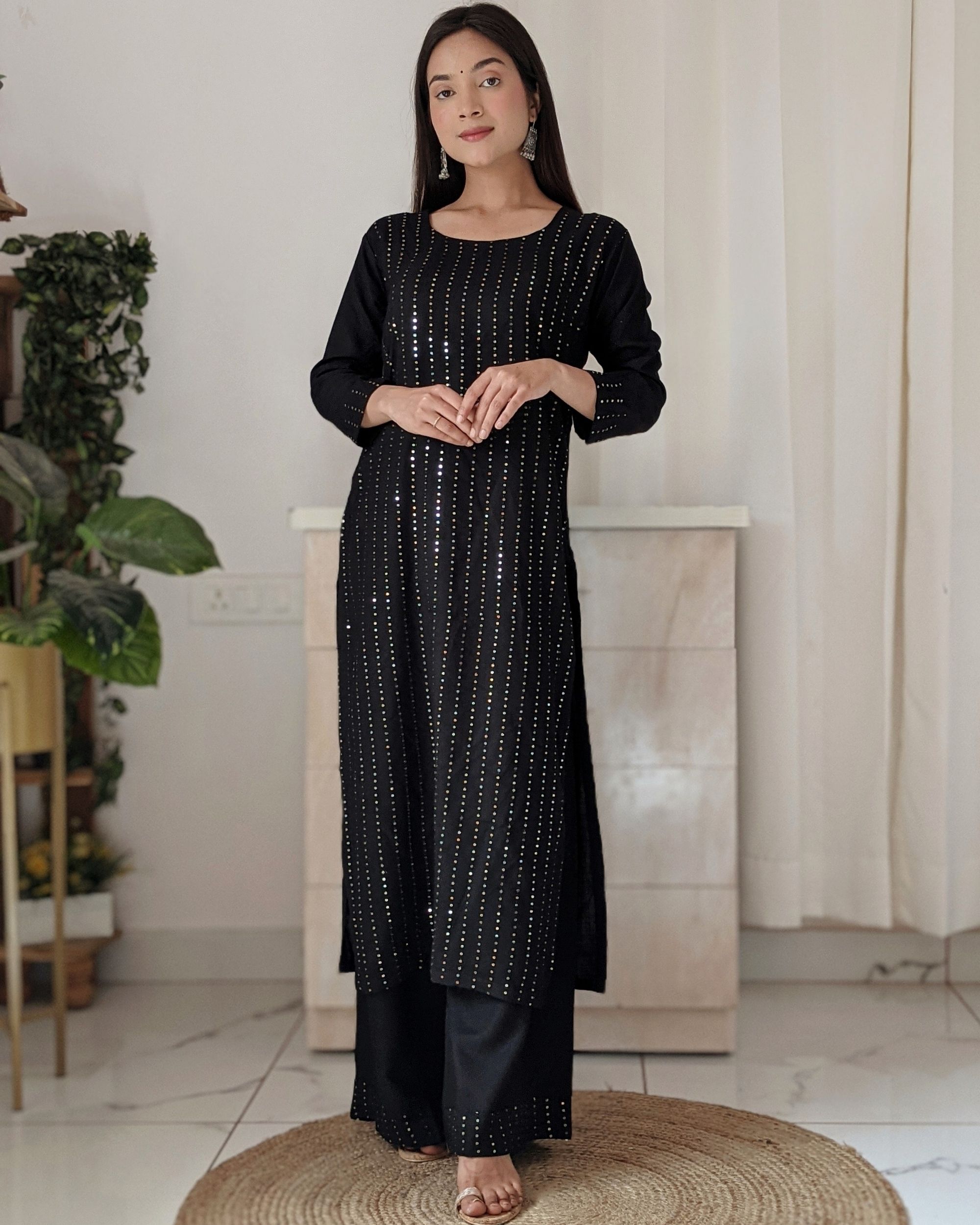 Black sequined kurta and palazzo - set of two