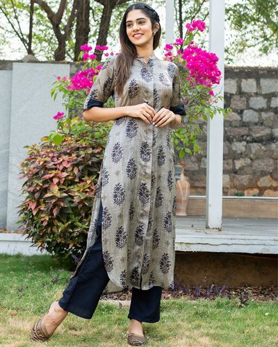 Blue and grey boota printed kurta with pants - set of two by The Weave ...