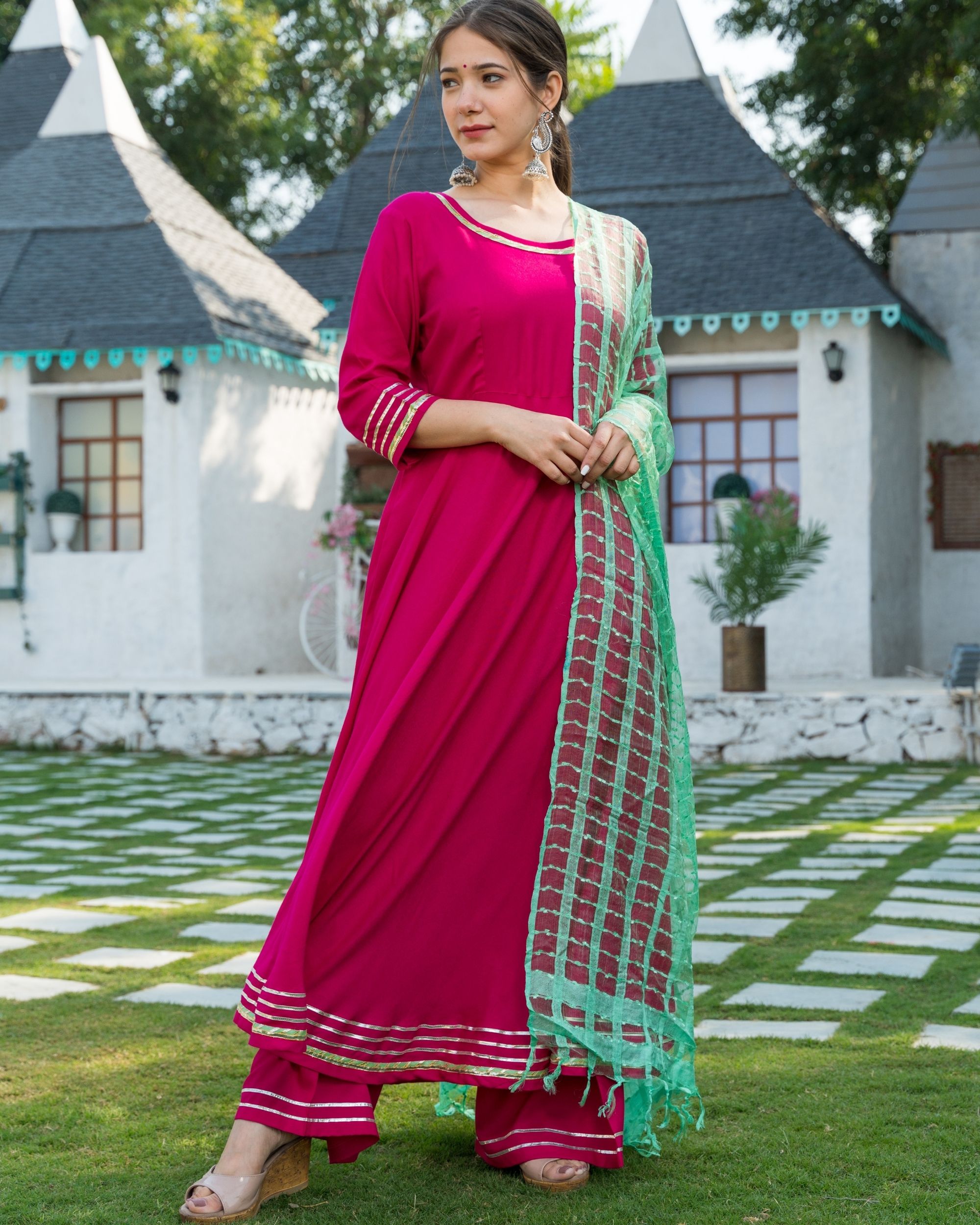 Rani pink gota kurta and palazzo with lime green dupatta - set of three ...