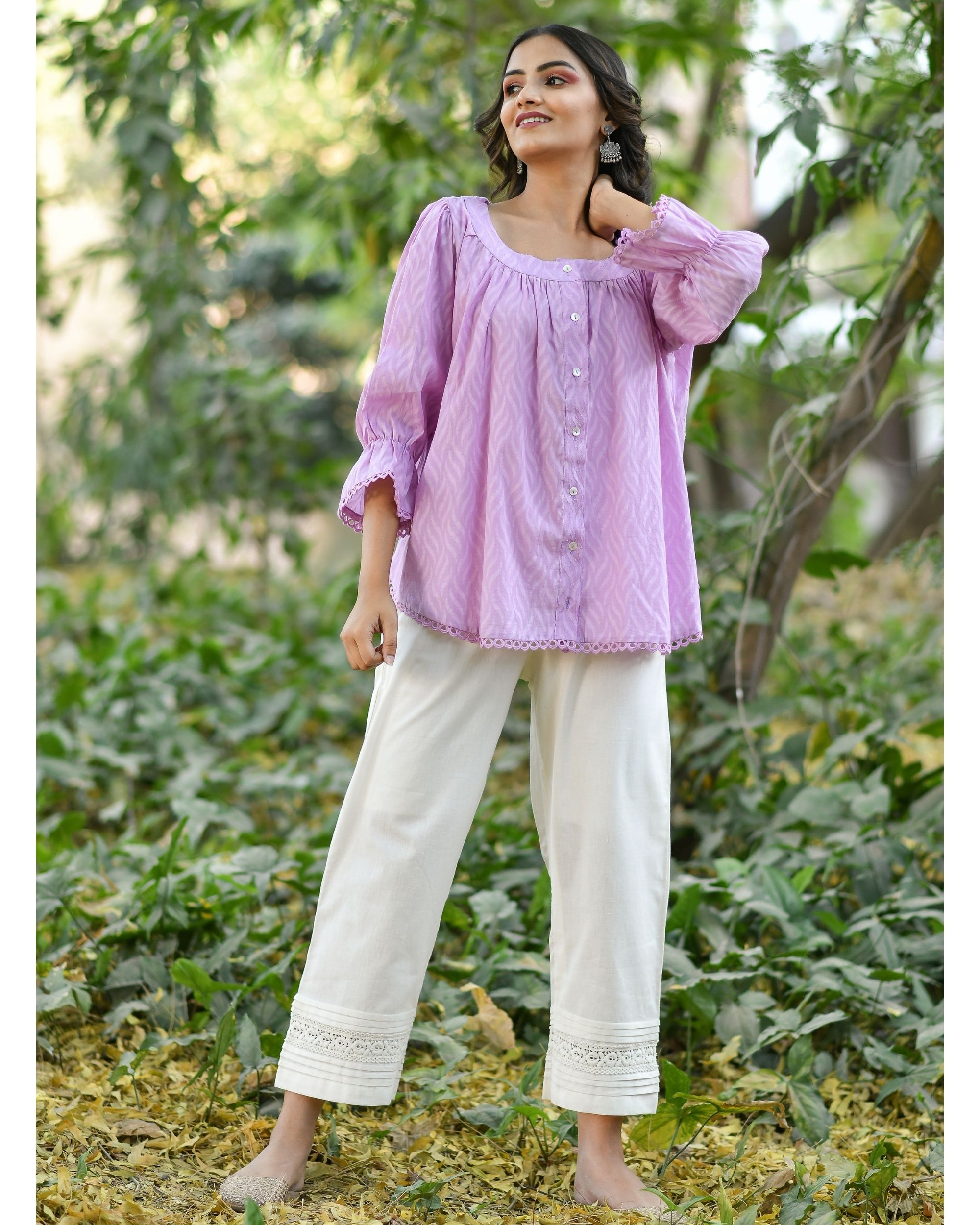 Purple jacquard top with pants - set of two