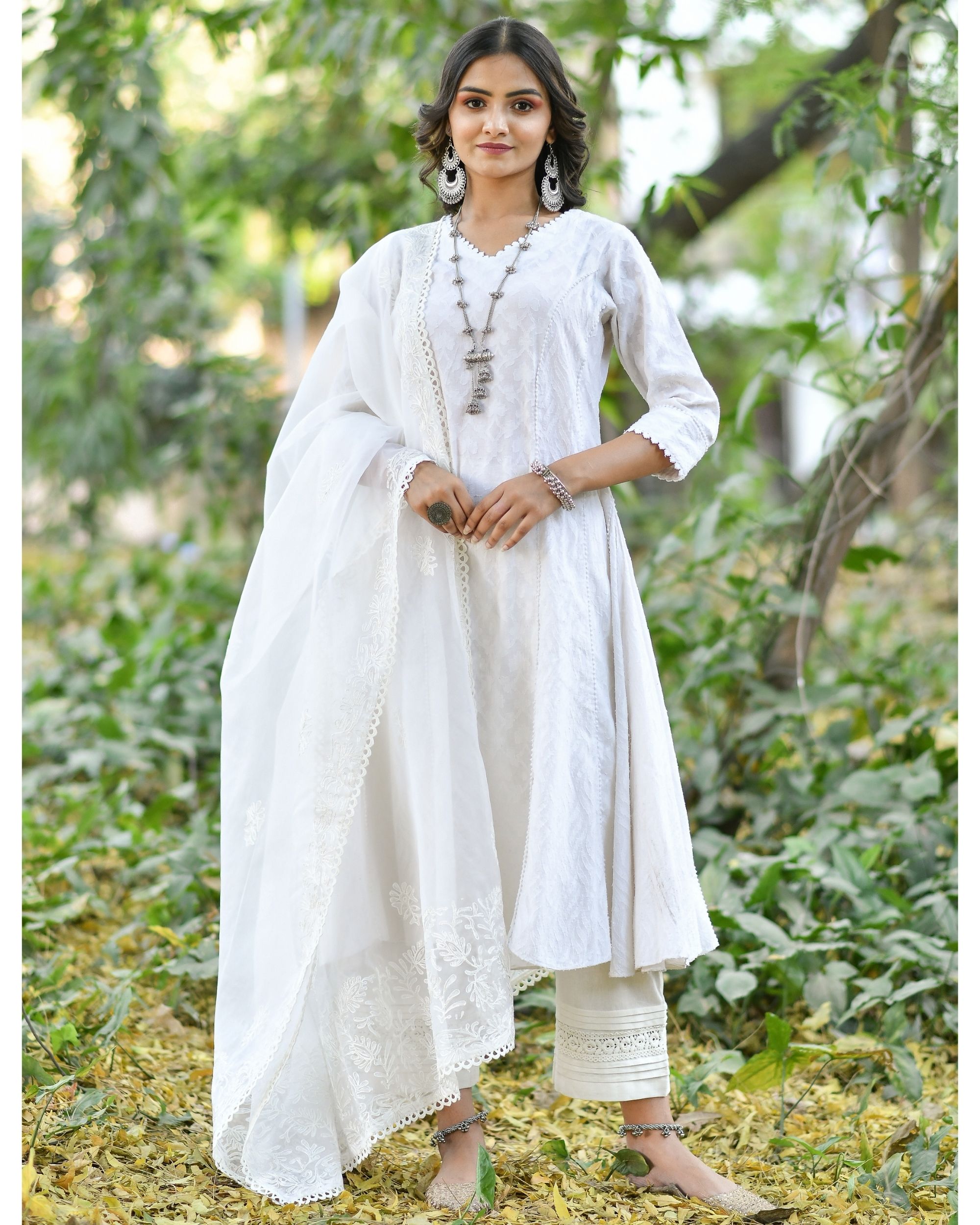 Off white jacquard cotton anarkali kurta set - set of three by Jalpa ...