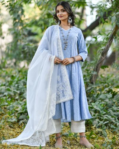 Blue jacquard cotton anarkali kurta set - set of three by Jalpa Shah