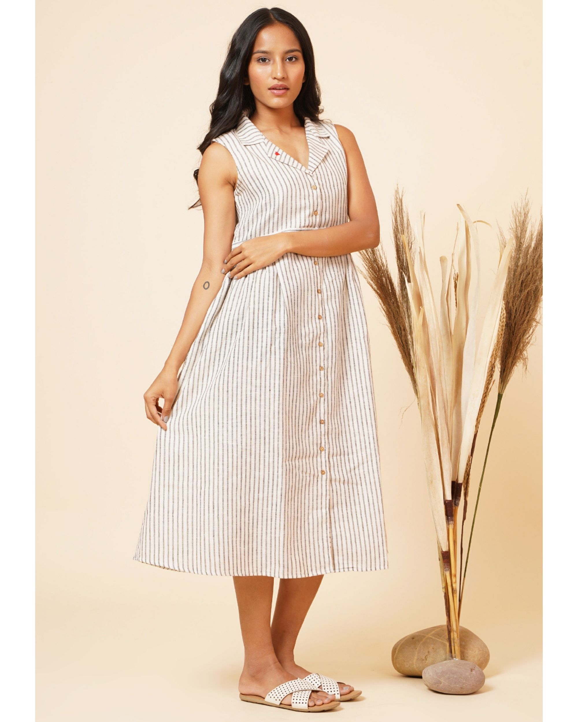 Grey and ivory collared striped dress