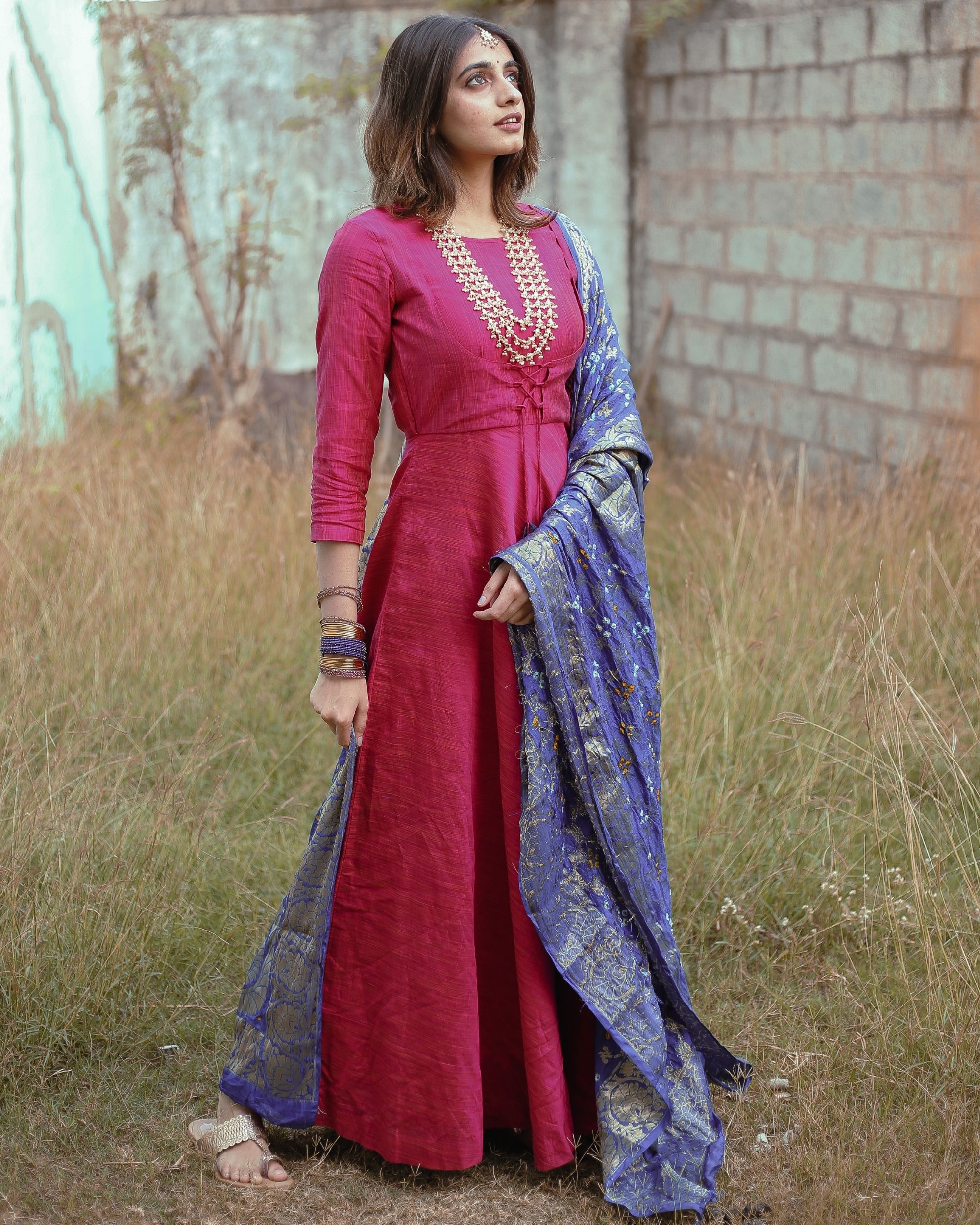 Rani pink chanderi silk dress with dupatta - set of two