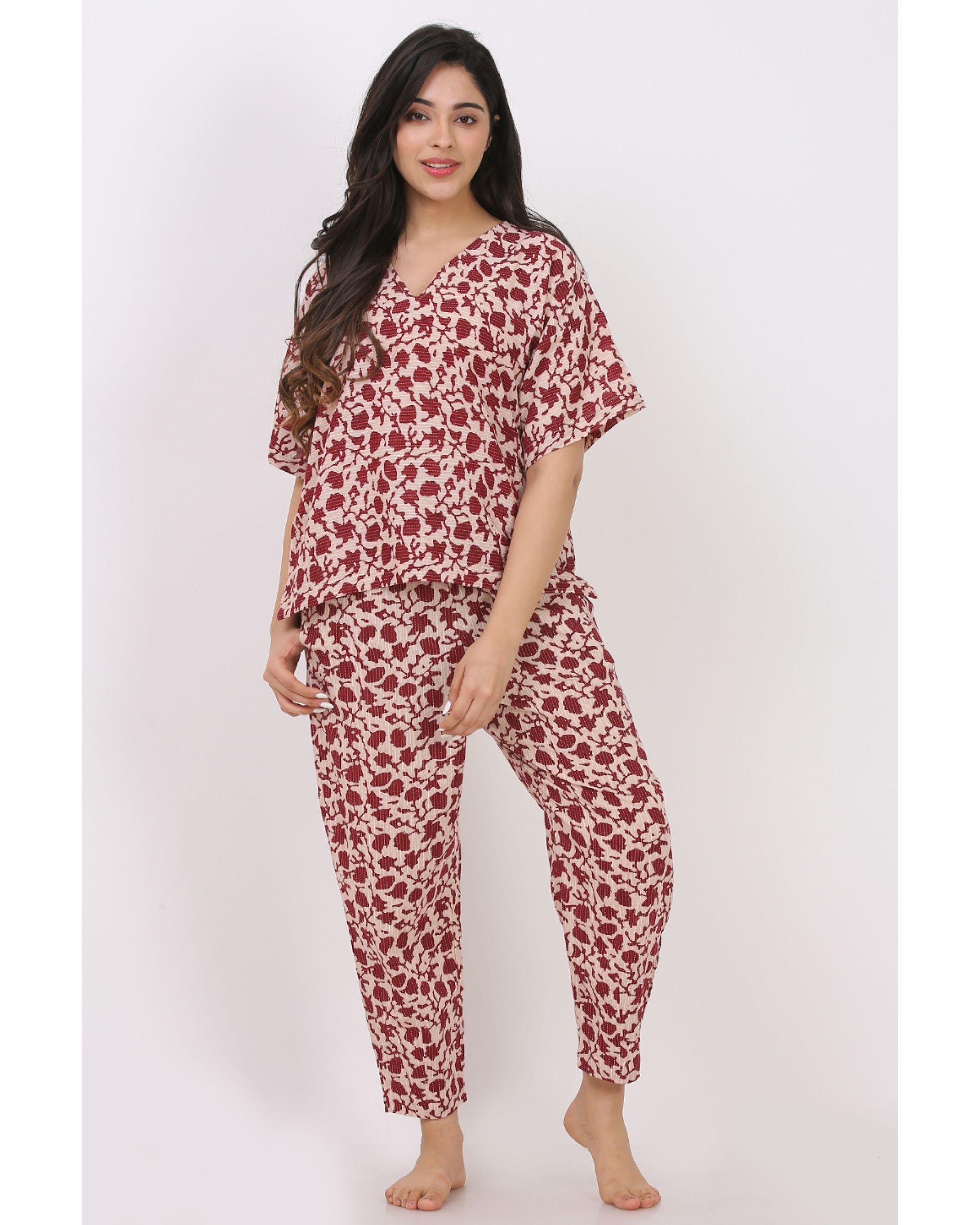 Maroon printed top with pants - set of two